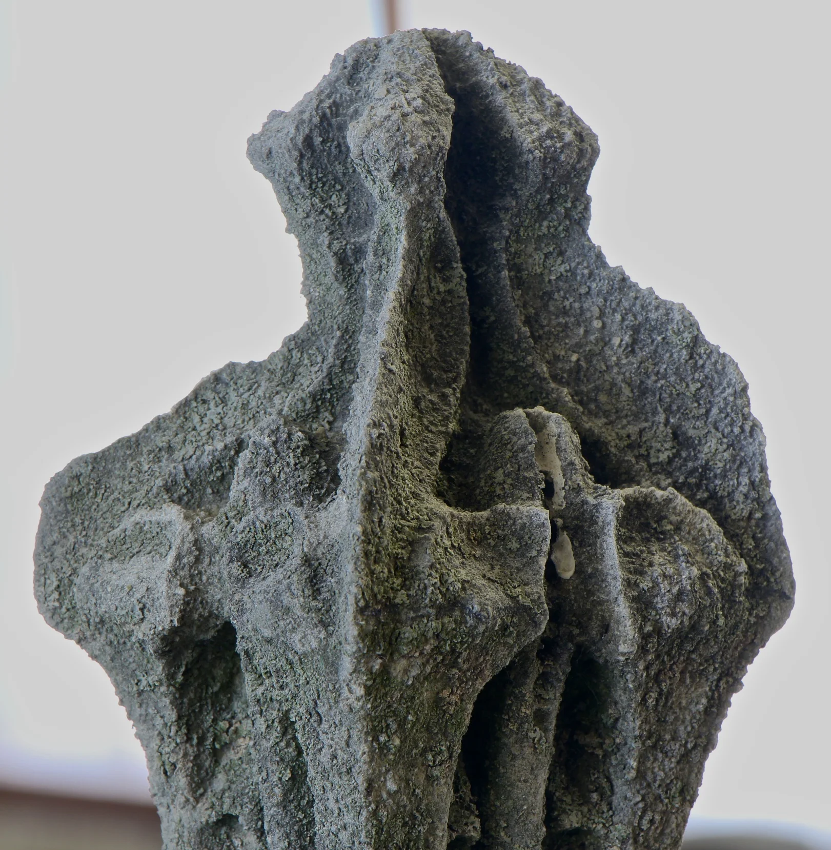 Figure 3: The level of decay on this limestone finial has reached the point that details are beginning to disappear. At this point it becomes necessary to replace the entire finial with a modern exact copy in Indiana limestone, which is stronger than the original limestone used for Bryn Athyn Cathedral.
