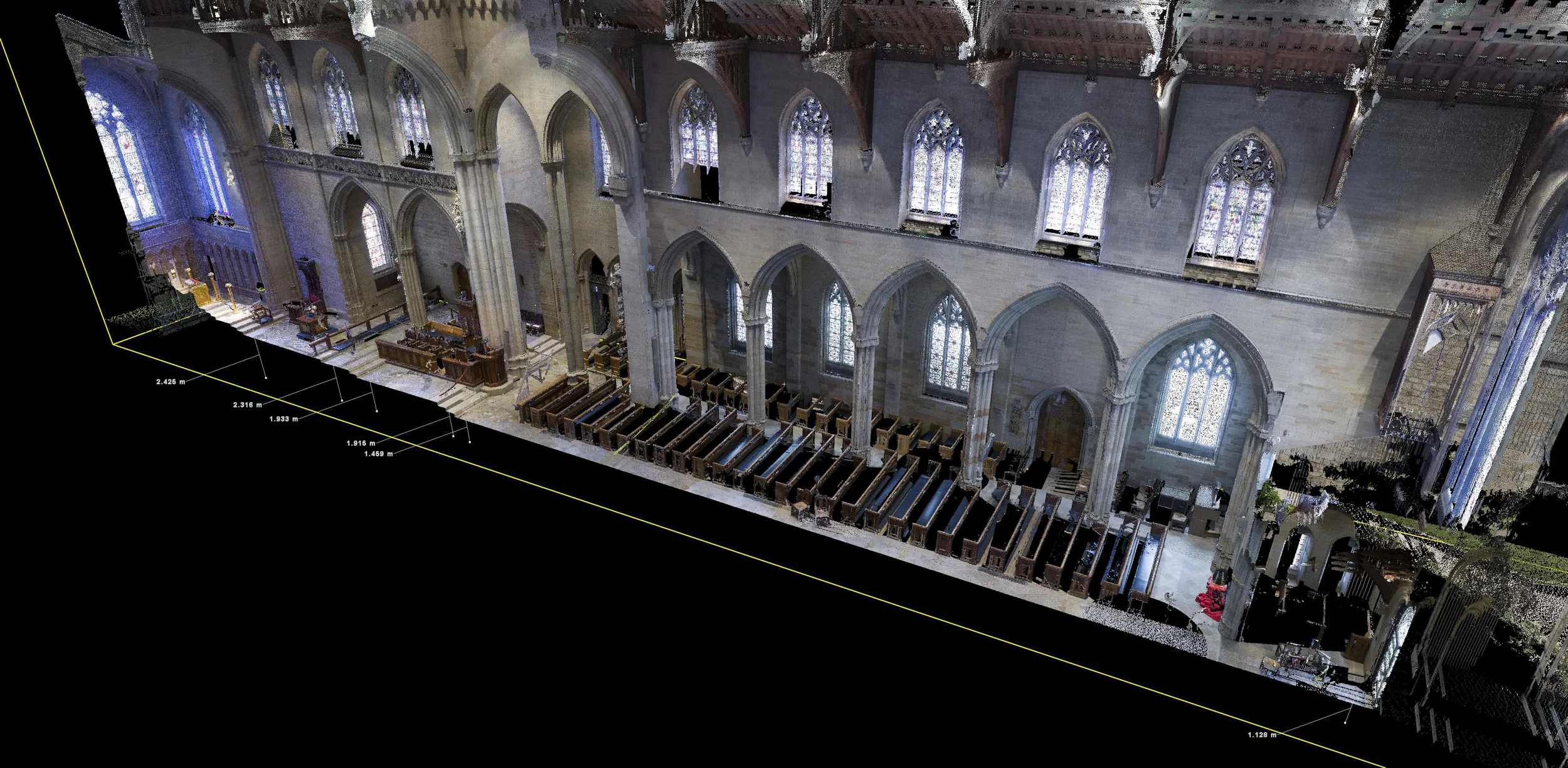 Figure 6: Bryn Athyn, Cathedral of the New Jerusalem, laser scan: perspective view of the southern half of the building.