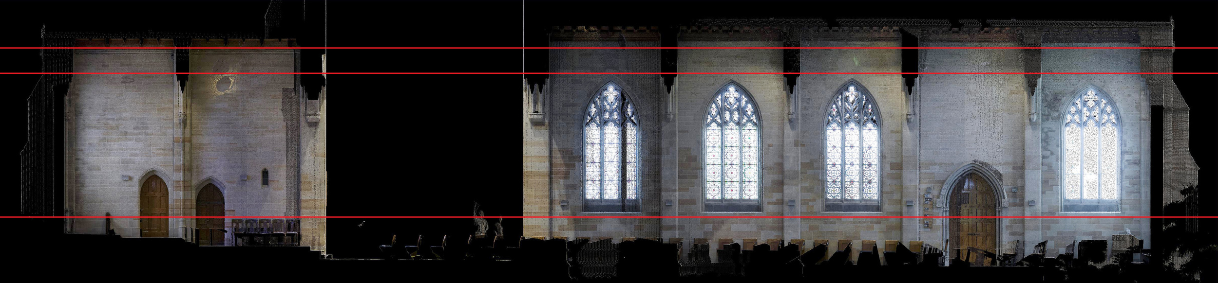 Figure 13: Bryn Athyn, Cathedral of the New Jerusalem, laser scan: elevation of the south aisle wall.