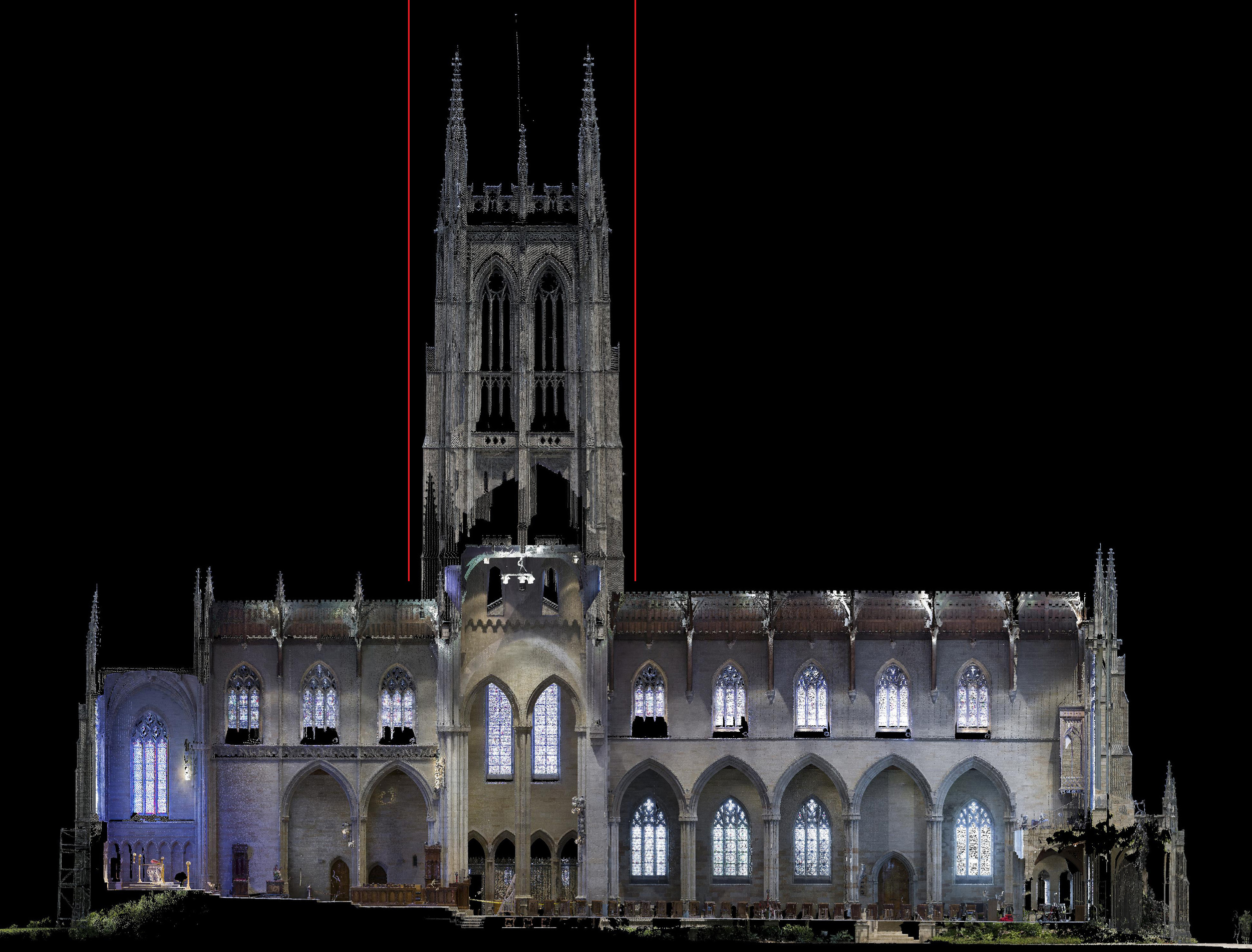Figure 14: Bryn Athyn, Cathedral of the New Jerusalem, laser scan: south elevation with vertical lines imposed in red.