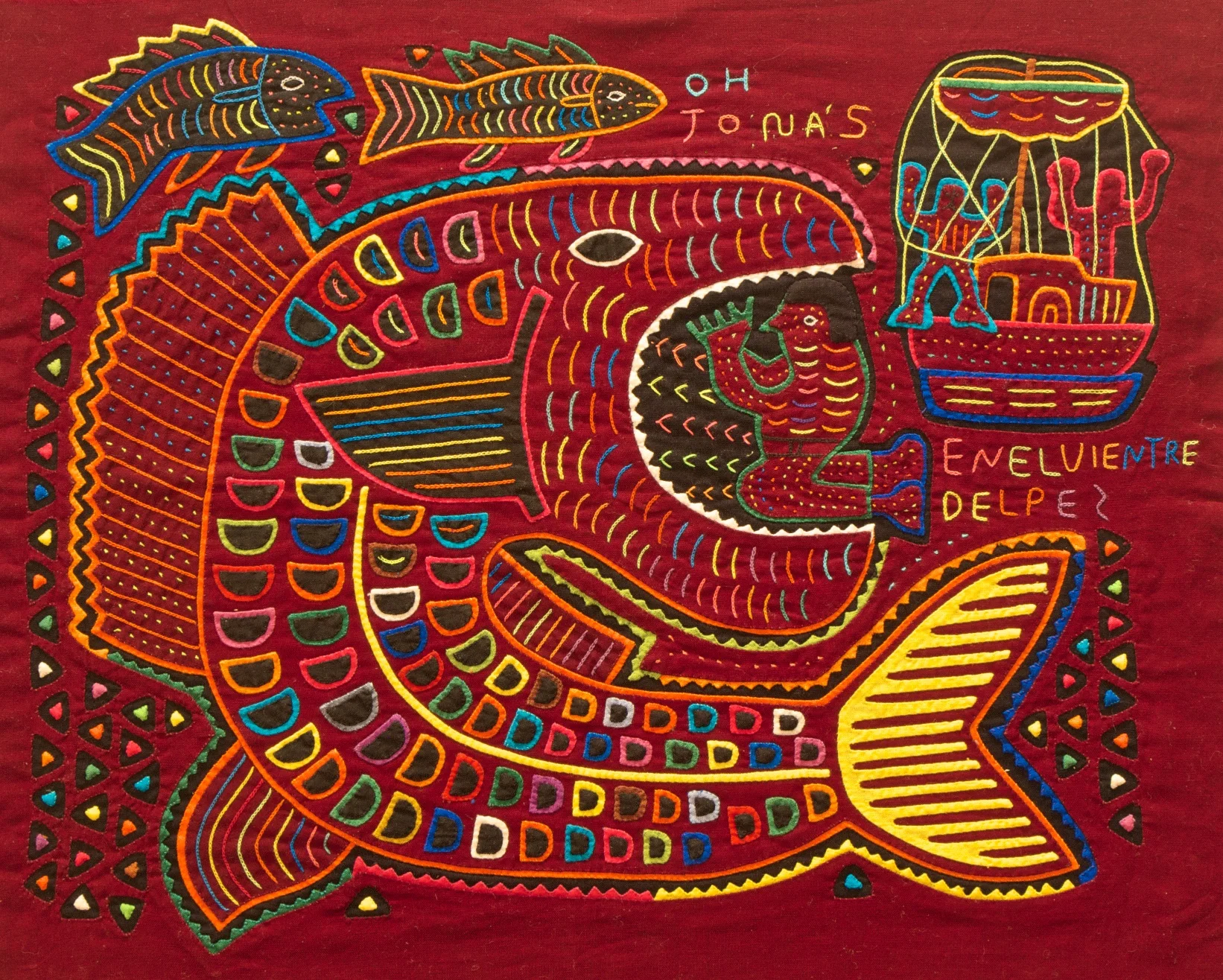 Figure 6: Jonah in the Mouth of the Great Fish. The story of Jonah and the great fish has captured the imagination of many cultures, including that of the Cuna Indians. After the crew of the ship casts Jonah over the side, a great fish comes from the ocean depths to swallow the prophet.