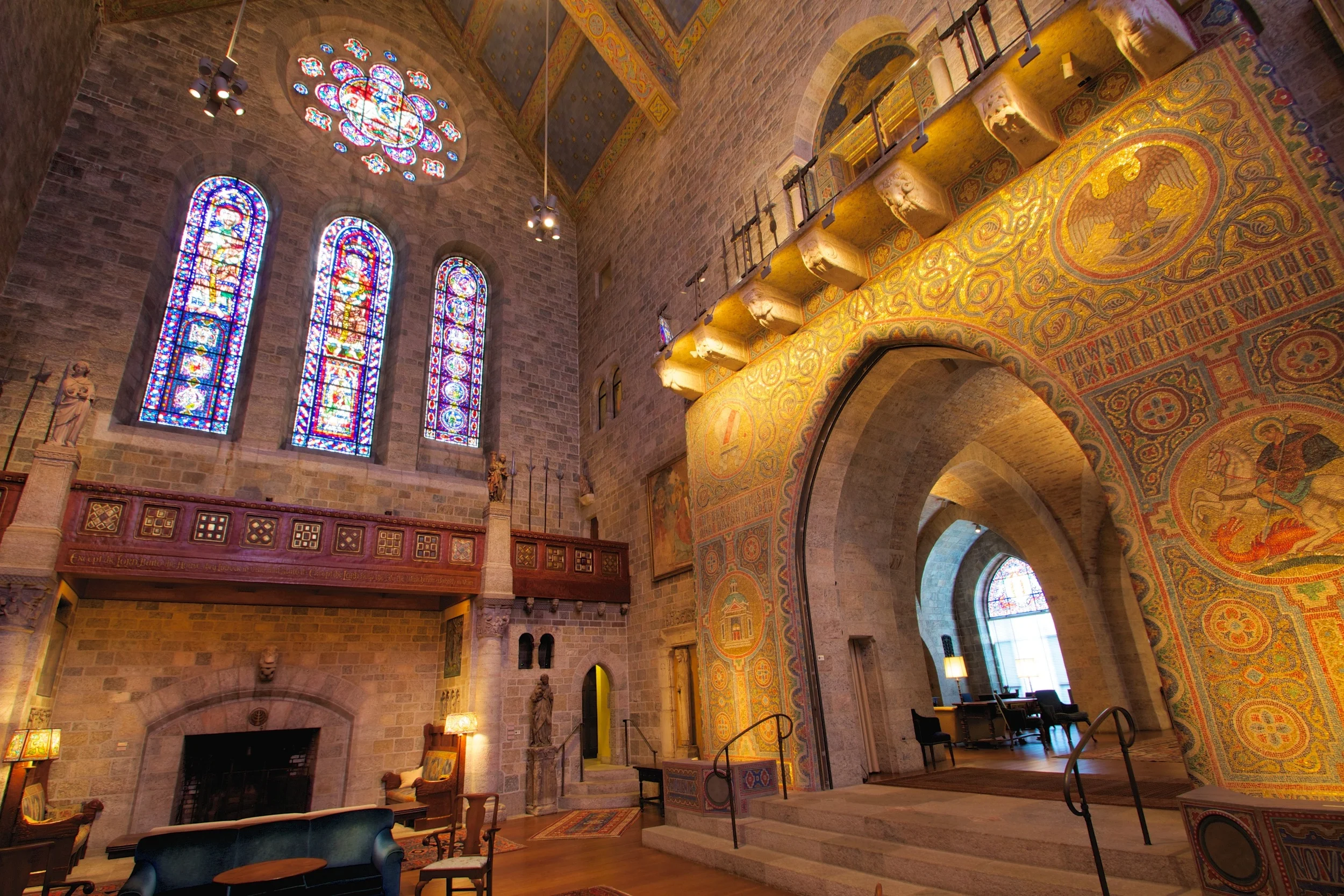 A monumental glass mosaic in Glencairn's Great Hall depicts the seal of the Academy of the New Church.