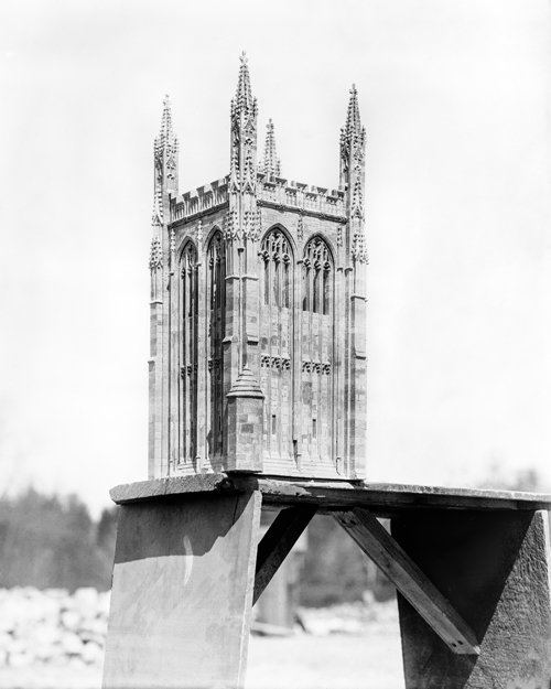  Quarter-inch model of Bryn Athyn Cathedral's tower on a bench (1918). 