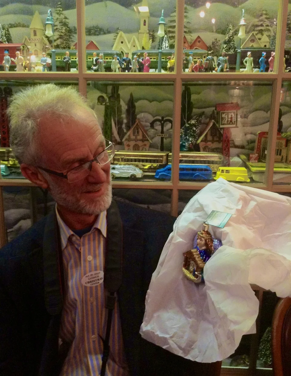 Crispin Paine with a Nativity tree ornament at the National Christmas Center and Museum in Lancaster, Pennsylvania.