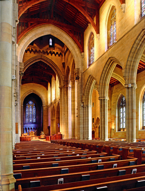 The interior of Bryn Athyn Cathedral's nave from the west end looking toward the chancel in the east (from page 7 of Bryn Athyn Cathedral: The Building of a Church ). Photograph by Hal Conroy.