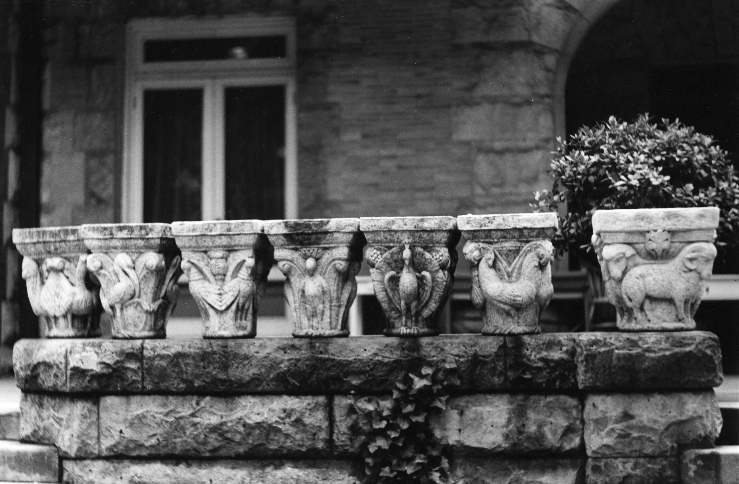 Figure 5: Seven capitals, intended for Glencairn’s cloister, are lined up on the balustrade of Cairnwood. Glencairn Museum Archives.