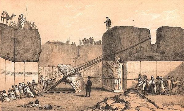 Figure 6: A drawing by an excavation artist dramatizing Nineveh excavator Austen Henry Layard’s supervision of the removal of a colossal bull. Though intended as an objective record of the event, it is clear that the image also tells us a great deal about how British excavators in Iraq saw their role vis-a-vis the Iraqi workers they employed. (Public domain via Wikimedia Commons)