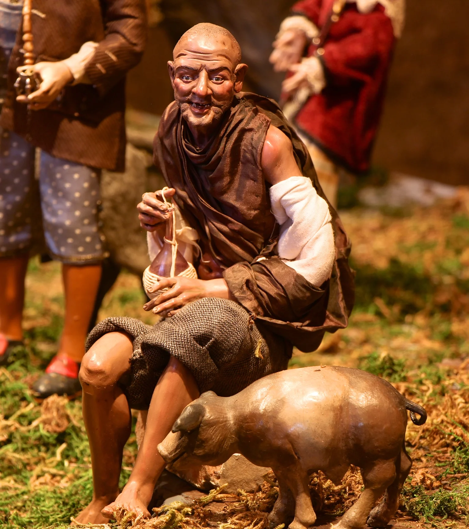 Figure 12: A man holds a bottle of wine, accompanied by his pet pig.