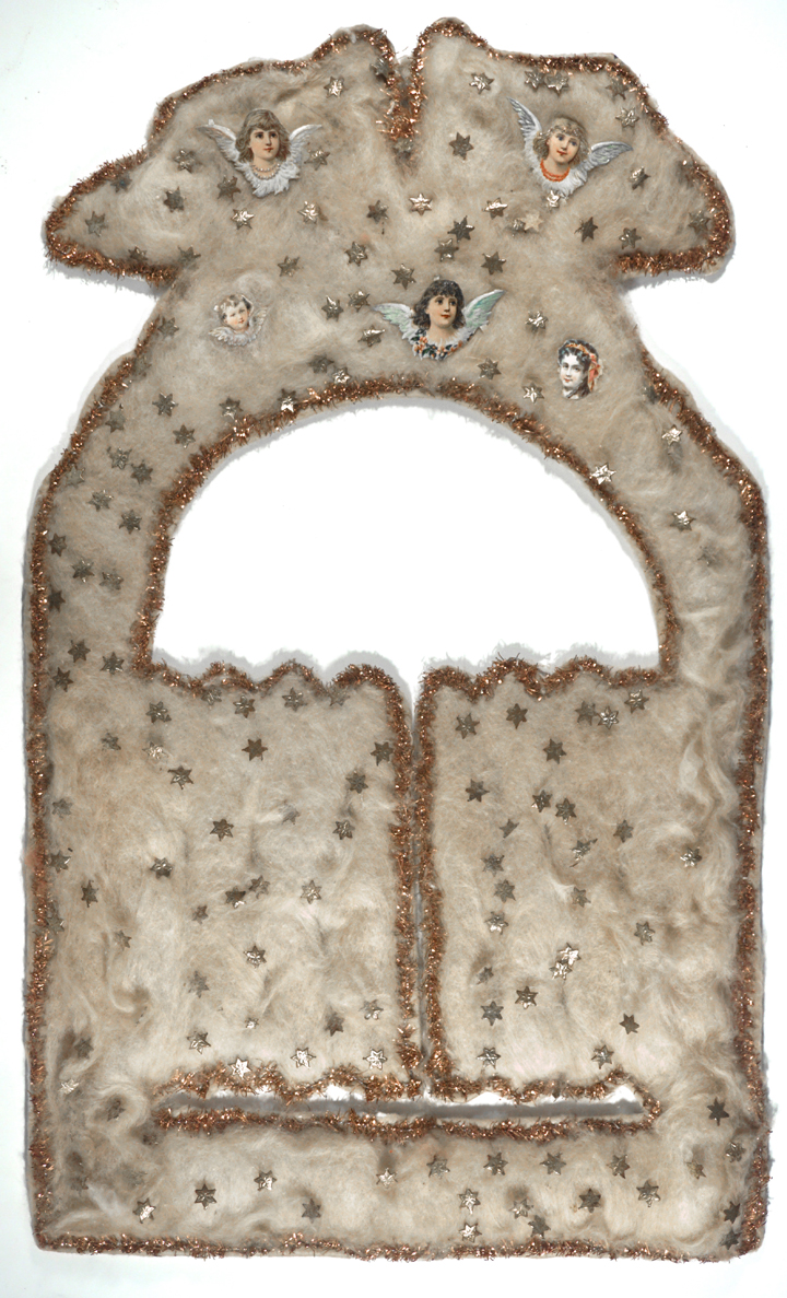 Figure 1: This late 19th-century Christmas ornament depicting the gates of heaven with angels flying above was made in a Pennsylvania Dutch home from cardboard, cotton batting, tinsel, and small chromo-lithographed pictures. The image is also found on tombstones. On loan from the National Christmas Center and Museum, Lancaster, PA.