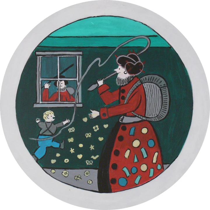 Figure 6: “The Belsnickel was the Pennsylvania German counterpart of Santa Claus. He was not a kind, fat, jolly Santa Claus. On the contrary, he wore a weird mask, a queer black bearskin cap decorated with porcupine quills and small bells . . . He threw good things on the floor for the children to pick up. If a child had been naughty, he would give him a sharp switch of the whip before he was allowed to pick up anything” (quote by Gladys M. Lutz, artist). On loan from the Pennsylvania German Cultural Heritage Center, Kutztown University.