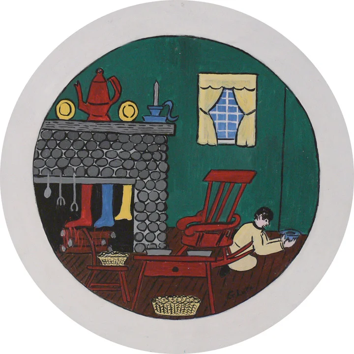 Figure 7: “Before the introduction of the Christmas tree here in Pennsylvania, the Christmas gift bringer was the Christ Kindel or Christ Child. He deposited his gifts in different containers. Children set their hats or caps along the wall. They set straw bread baskets or plates on tables or on the floor“ (quote by Gladys M. Lutz, artist). On loan from the Pennsylvania German Cultural Heritage Center, Kutztown University.