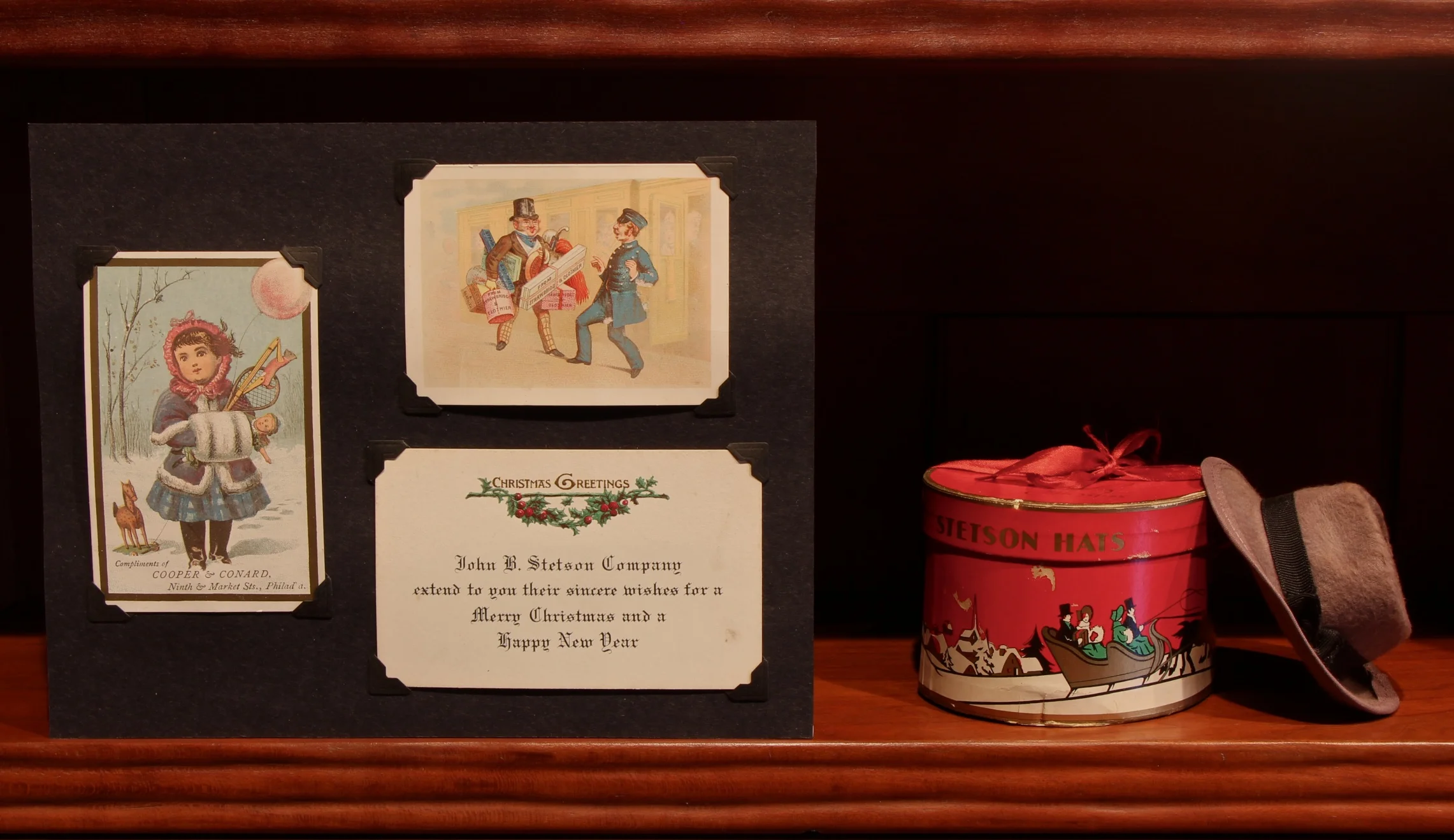 Figure 12: Stetson Hats were manufactured in Philadelphia from 1865 until 1971. Miniature hat boxes with miniature Stetson hats like this one were a popular Christmas gift; inside was a gift certificate that could be exchanged for a full-sized hat, fitted and trimmed. On loan from the National Christmas Center and Museum, Lancaster, PA.