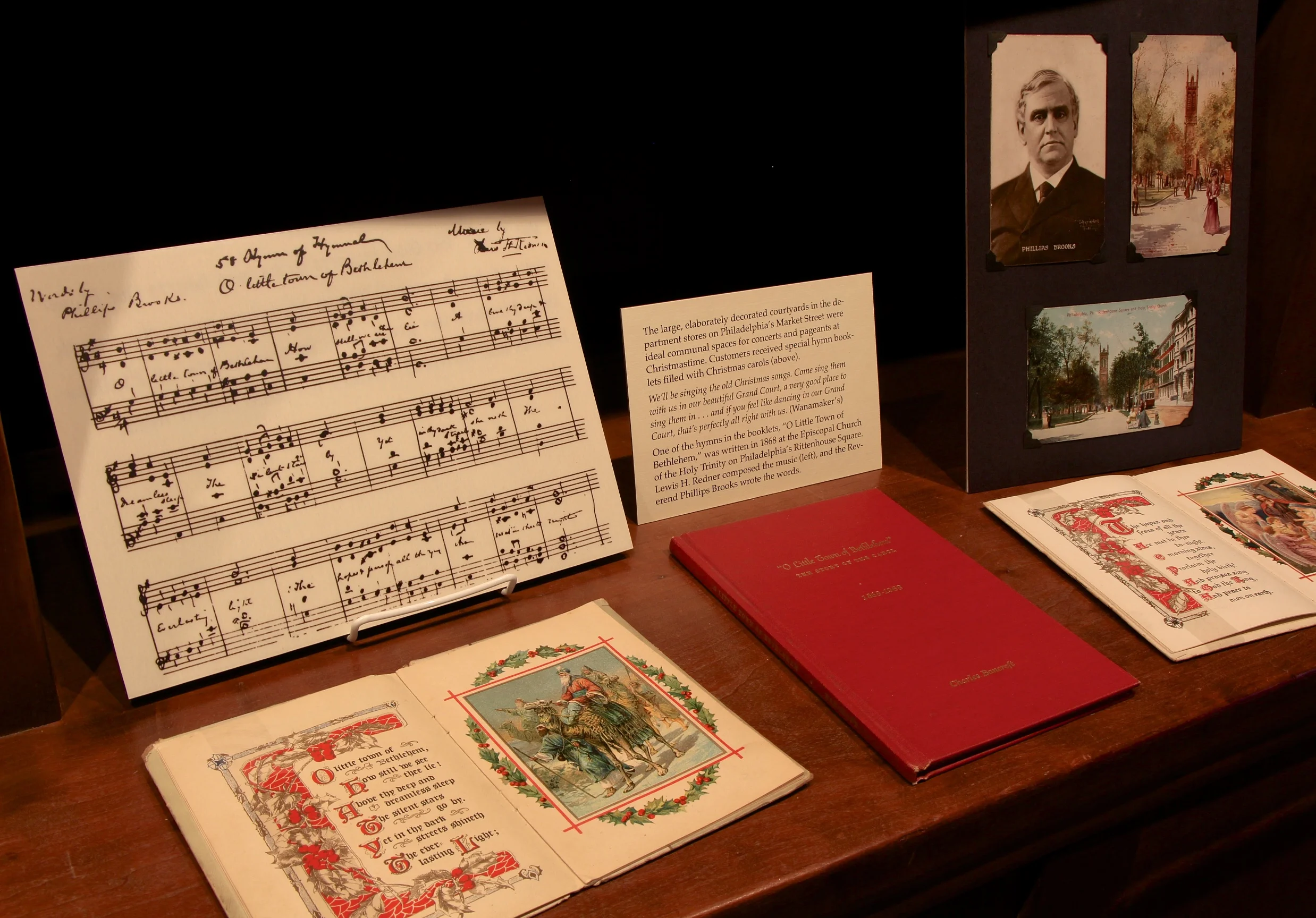 Figure 14: “O Little Town of Bethlehem,” a popular Christmas carol, was written in 1868 at the Episcopal Church of the Holy Trinity on Philadelphia’s Rittenhouse Square. Lewis H. Redner composed the music, and the Reverend Phillips Brooks wrote the words. Material on loan from the National Christmas Center and Museum, Lancaster, PA.