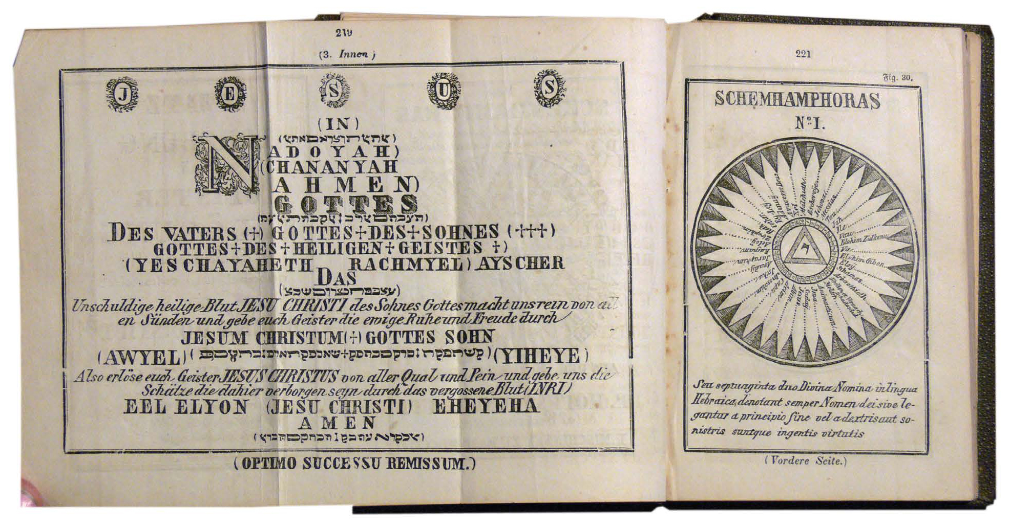Figure 6: A fold-out print from the Sixth and Seventh Books of Moses , with Latin, Hebrew and German inscriptions. This work was alleged to be the extra-biblical writings of the ancient Hebrews and Christian Cabalists, but was first compiled from manuscript sources in the 1840s by German publisher Johann Scheibel, and sold as part of a series on ceremonial magic. Shortly thereafter it became one of the most widely circulated works to inspire folk ritual practice on both sides of the Atlantic. The work has a sinister connotation in Pennsylvania, however, as it includes instructions for casting the seven plagues that Moses visited upon Egypt, as well as instructions for spirit conjuration. Heilman Collection of Patrick J. Donmoyer.
