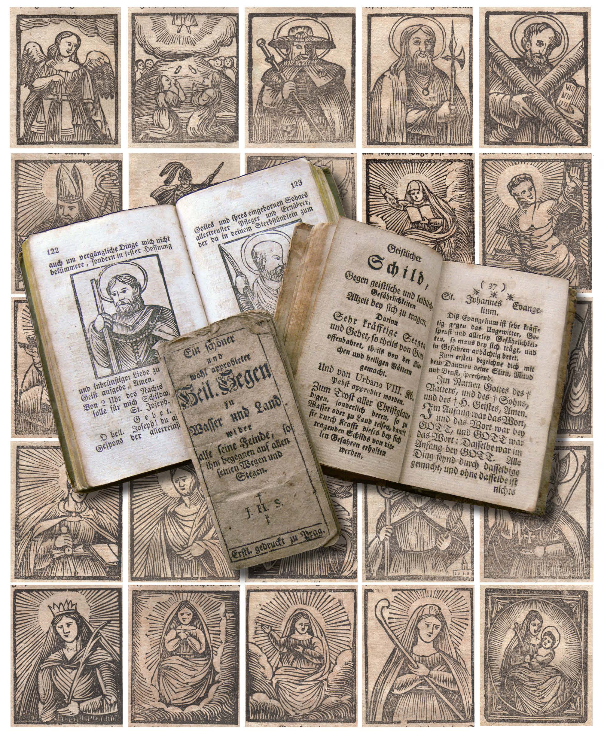 Figure 8: Der Wahre Geistliche Schild, Heiliger Segen, und Geistliche Schild-Wacht ( The True Spiritual Shield, The Holy Blessing, and Spiritual Shield Vigil ). Heilman Collection of Patrick J. Donmoyer. Three editions of the classic compilation of European 16th-century benedictions, prayers, and blessings for protection from danger, evil spirits and plague. These works, while largely unknown today, were once frequently recorded in manuscript form throughout Pennsylvania and used for powwowing, as well as printed in Reading and Erie, Pennsylvania, as well as Cincinnati, Ohio. The two open, hard-backed editions were owned by Pennsylvanians.