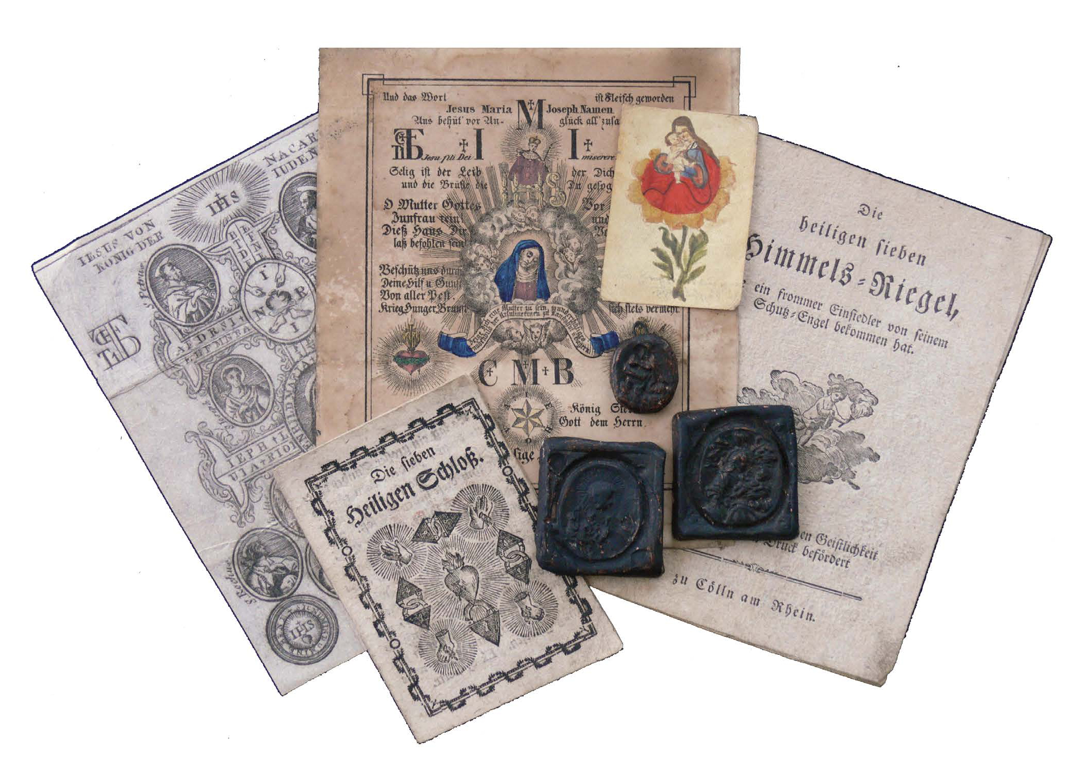 Figure 9: Clockwise Right : European Breverl , Austrian dialect for a little protective letter, featuring the Caravaca Cross, 18th century; colored etching Glückselige Haussegen ( Sacred House Blessing ) with the Virigin Mary and the monograph of the Three Kings, CMB, and the Segen-Stern , a six-pointed star with the letters IEHOVA spread across the points, 19th Century, Munich; small Gnadenbild (Holy Image) of the Virgin Mary, which was physically touched to the Holy Image of the Virgin Mary in Passau, Lower Bavaria,(38) 18th century; Die heiligen sieben Himmels-Riegel (The Seven Holy Bars of Heaven), a protective prayer allegedly given to a hermit by his guardian angel, Cologne, Germany; three Fraisen-Steine (Epilepsy Stones) cast from zinc with images of the saints, carried by epileptics for deliverance from seizures; Die sieben Heiligen Schloß . (The Seven Holy Seals) a seven-fold prayer for protection, claiming to have been printed “on the German press in Jerusalem,” 19th century. Heilman Collection of Patrick J. Donmoyer.