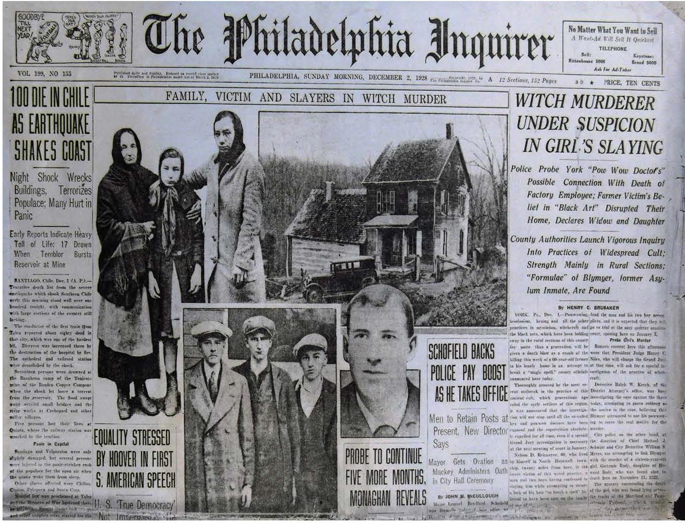 Figure 27: York Hex Murder Media Coverage 1929, Philadelphia Inquirer . Heilman Collection of Patrick J. Donmoyer. Media coverage appeared on a national scale in the wake of the murder of Nelson Rehmeyer in York County, dubbed the “Hex Murder.” The murderer, John Blymire, an escapee from a mental asylum, was convinced that Rehmeyer had placed a curse upon him. In an attempt to break the “hex” by obtaining a lock of hair or Rehmeyer’s copy of John George Hohman’s Long Lost Friend , Blymire and two accomplices John Curry and Wilbur Hess killed Rehmeyer on the night of Thanksgiving in 1928. The trial drew national media attention to the persistence of beliefs associated with powwow in Pennsylvania; however, this media attention was heavily biased, and promoted many negative, false, and culturally insensitive stereotypes about the Pennsylvania Dutch people. The incident is often indicated as the single-most defining moment in Pennsylvania’s anti-powwow crusade, which swept across the state. Threats from lawmakers, physicians’ councils, and civic organizations forced traditional healing to be conducted in secrecy for fear of prosecution for practicing medicine without a license.