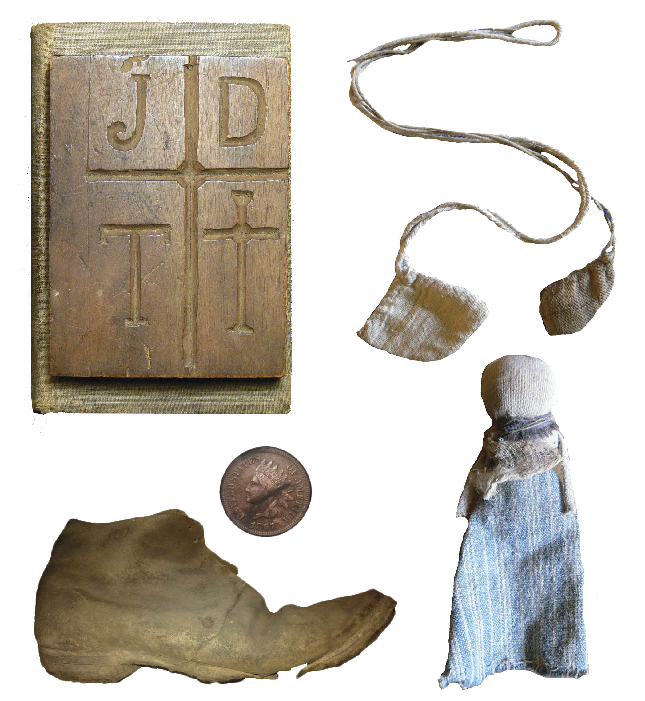 Figure 31: Clockwise from top left : Bible-board with carved symbols, used by a powwow doctor near Emmaus, Lehigh County. Heilman Collection of Patrick J. Donmoyer. Gift of Willard Martin; Asaphoetida bags used to ward off illness, mid-19th Century, Lancaster County, Pennsylvania. Courtesy of Clarke Hess; Ritual doll, concealed in late 18th-century Lancaster County log house. Courtesy of Clarke Hess; Concealed shoe and penny, discovered in 1867 log house from Bern Township, Berks County. Courtesy of Jim and Marcia Houston.