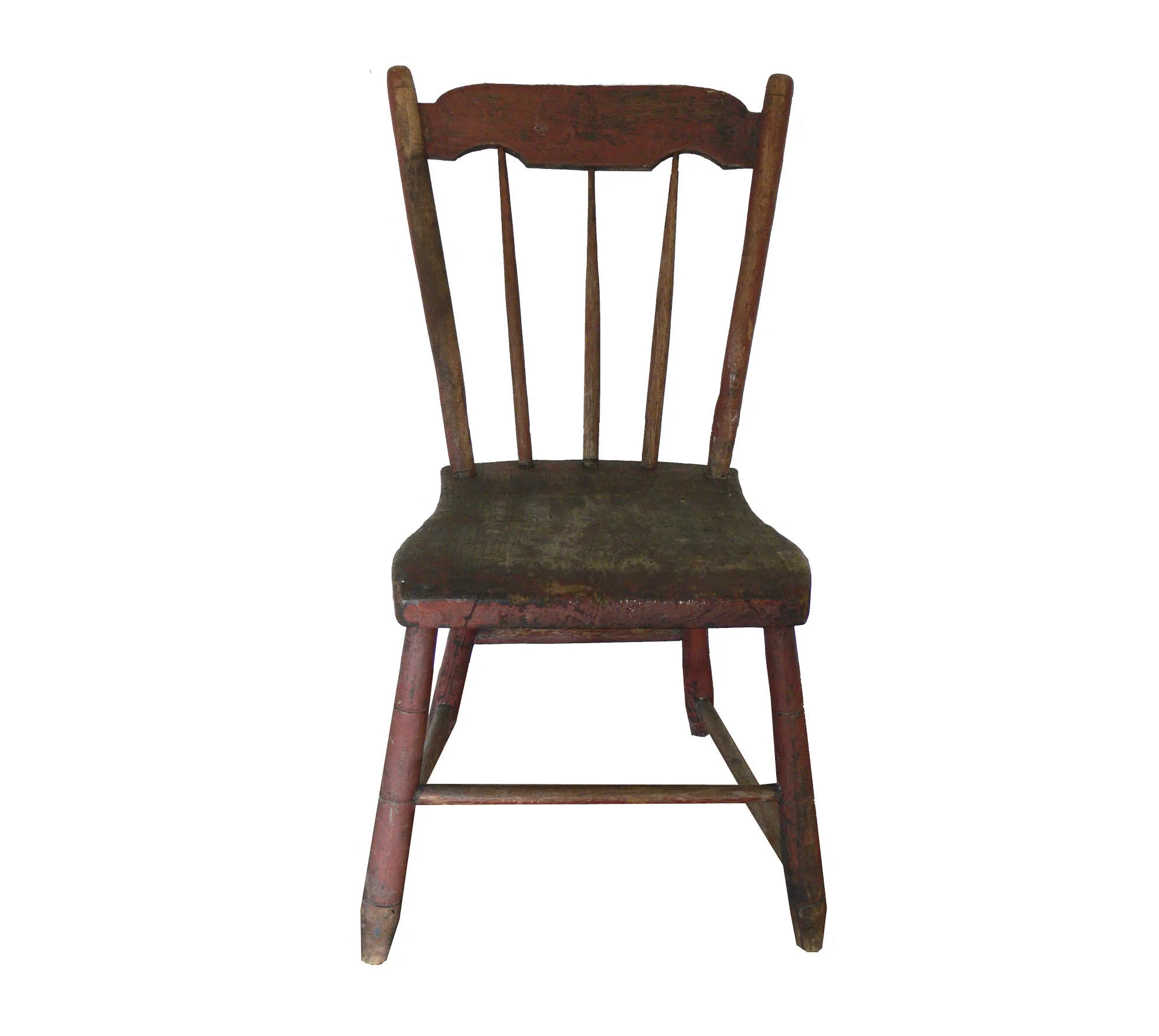 Figure 1: Powwow Chair, Late 19th century, Manheim, Lancaster Co. Thomas R. Brendle Museum Historic Schaefferstown. A chair used specifically for powwowing, upon which patients were seated. Although appearing to be a normal chair in all respects, the following symbolism is attributed to it: The red paint symbolized the blood of Christ; the two arches in the cresting rail—the two tablets of the law given to Moses; the two large vertical stiles—the pillars of the church; the three vertical spindles—the apostle Paul, Jesus and Peter, the Rock; the front lower stretcher—the Judas the betrayer (upon which the patient should rest her right foot in disdain); the three rings on the legs—the Holy Trinity; and the low construction of the chair was to humble the patient to receive healing.