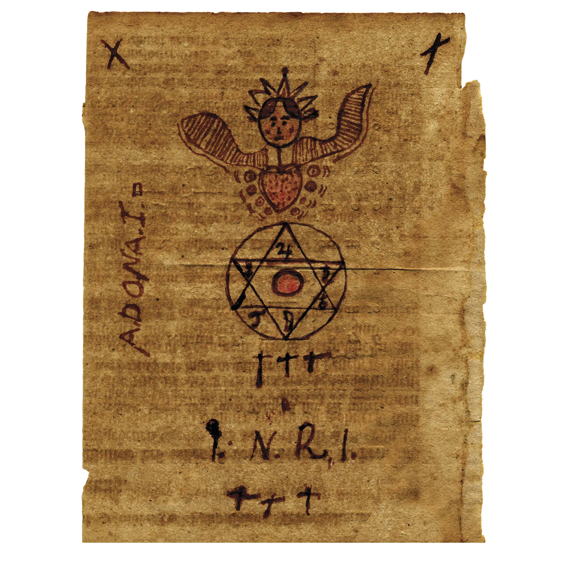 Figure 16: Early Protective Blessing, 18th century—Heilman Collection of Patrick J. Donmoyer. Personal protective blessing produced in black and red ink on the verso of an unidentified, 18th-century Philadelphia printed estate document. Features a winged angel with a burning heart and crown, associated with the mystical vision of the Sophia or feminine aspect of the Holy Spirit, popular among certain Pietist groups in early Pennsylvania. The angel oversees the six days of creation, depicted within the Star of David, with planetary symbols within each point and the sun in the center. However, Mars is missing, and replaced by a “J”—possibly an intentional inversion of martial influence as a protection from violence. The inscription I.N.R.I. (Iesus Nazarenus Rex Iudeorum—Jesus of Nazareth, King of the Jews) is a common protective inscription, flanked above and below with three crosses, symbolic of the Holy Trinity. Adonai , a Hebrew name for God meaning Lord, is inscribed on the left. Creases indicate it was folded and carried on the person.