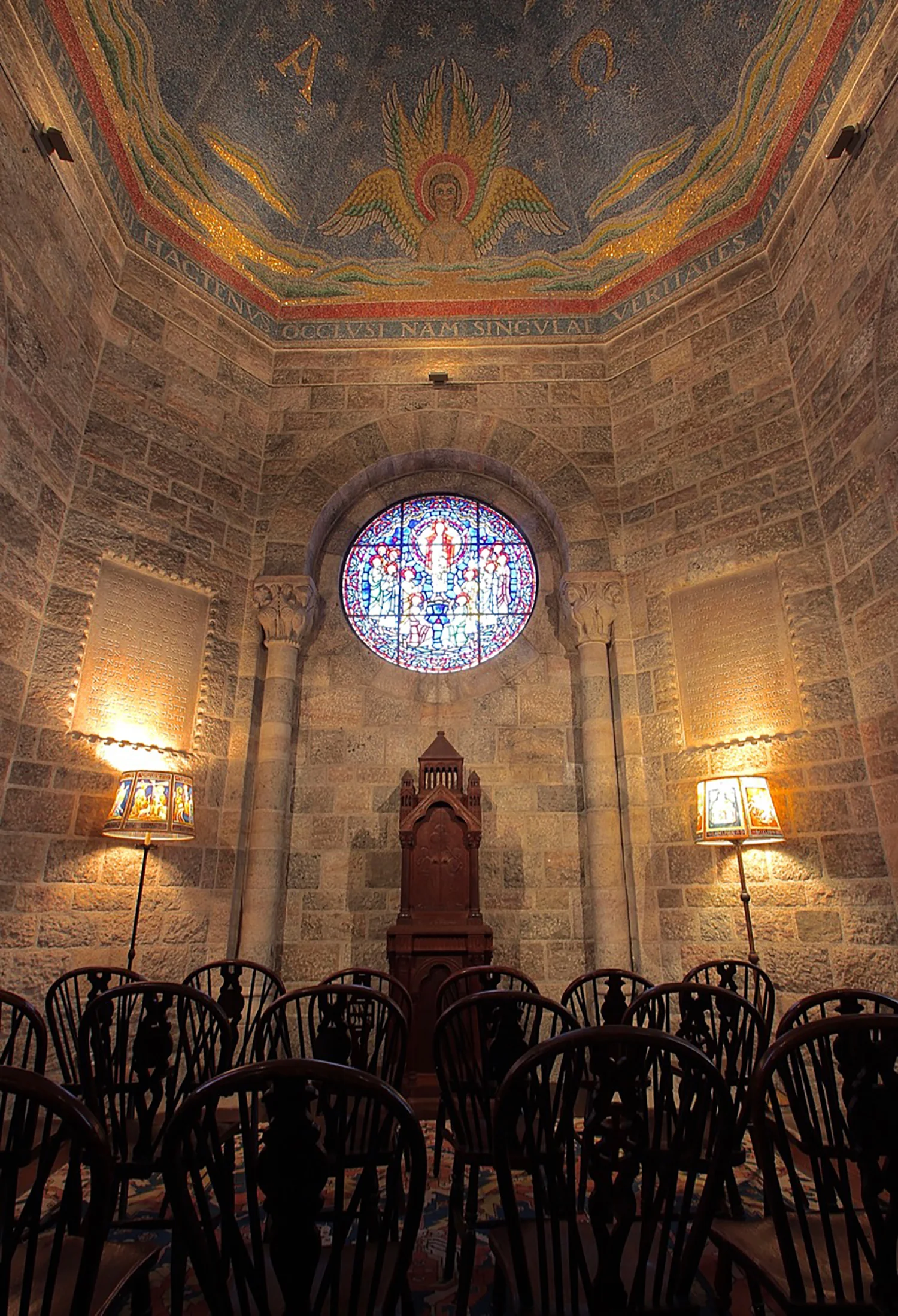 Figure 9: Front and center in Glencairn’s chapel is a cherrywood Bible cabinet, designed and carved in the Bryn Athyn Studios. In New Church worship services, the Bible is opened at the beginning and remains open until the end.