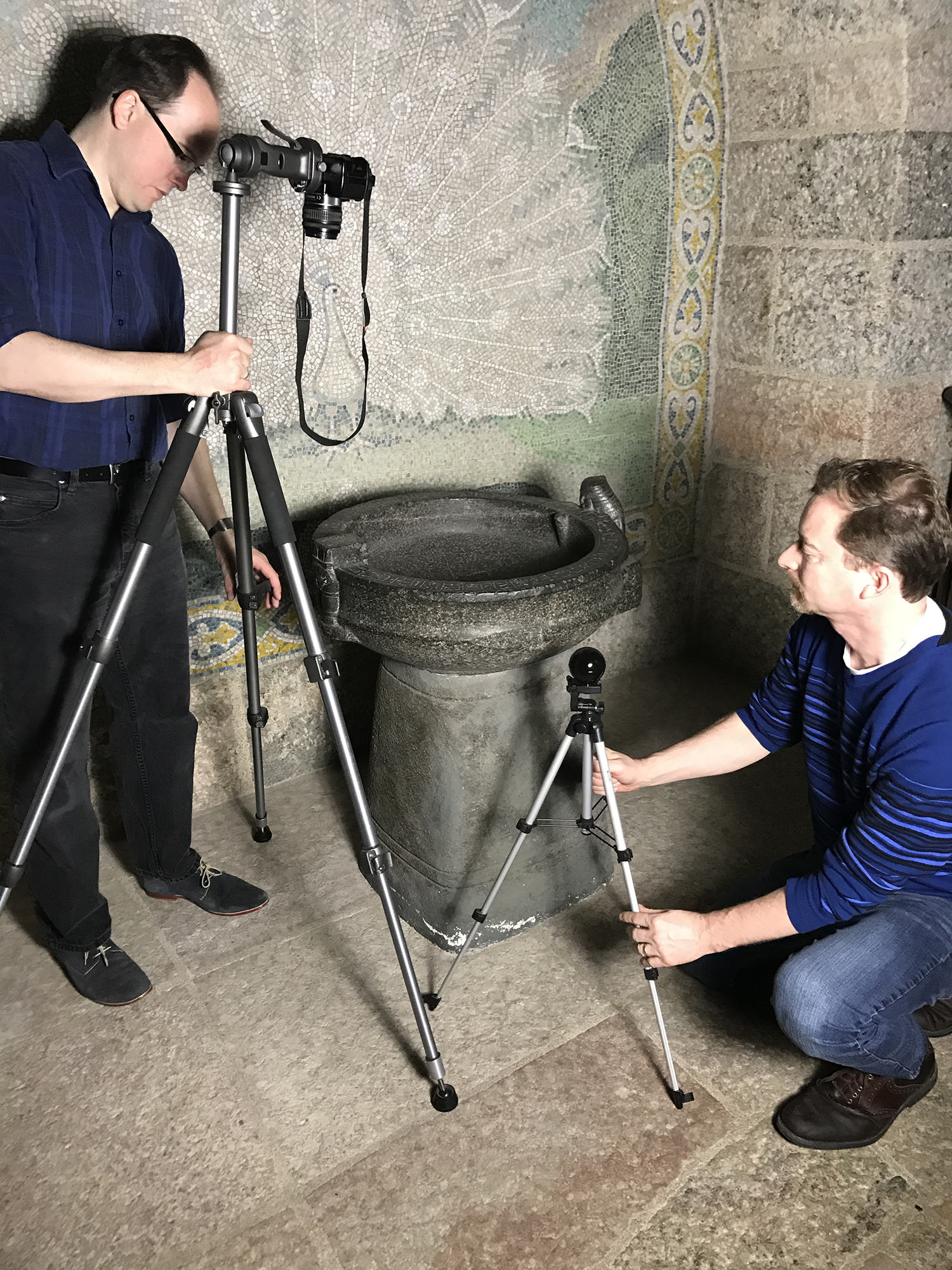 Figure 26: Egyptologists Dr. Kevin Cahail (left) and Dr. Josef Wegner of the Penn Museum carry out RTI photography on the basin to see if areas of the inscriptions that have damage can be made clearer by modifying the light.
