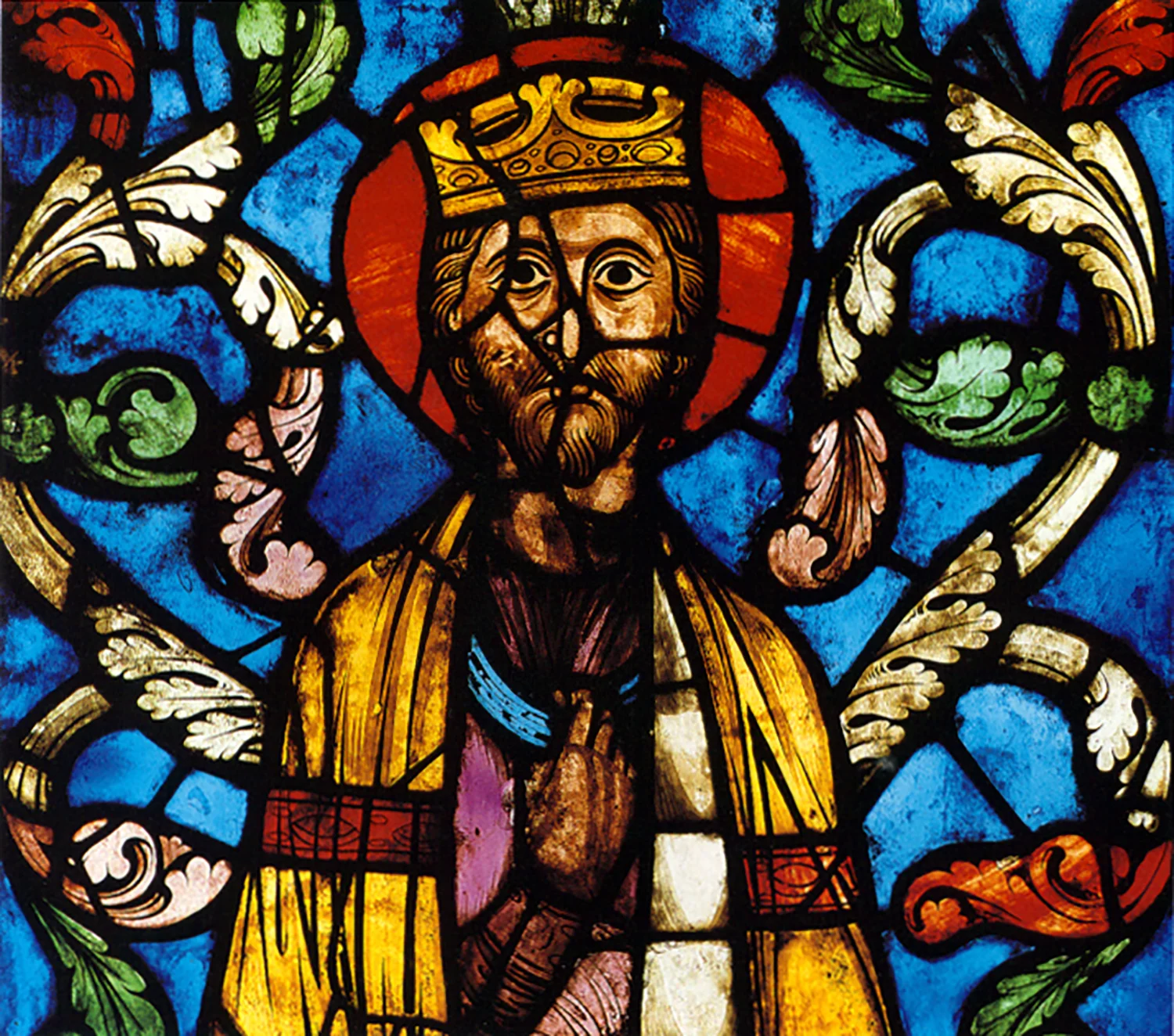 Figure 7: King from The Tree of Jesse Window, Cathedral of Saint-Gervais et Saint Protais, Soissons, 1210-15, stained glass, 30 ½ x 31 ½ in., Glencairn Museum.