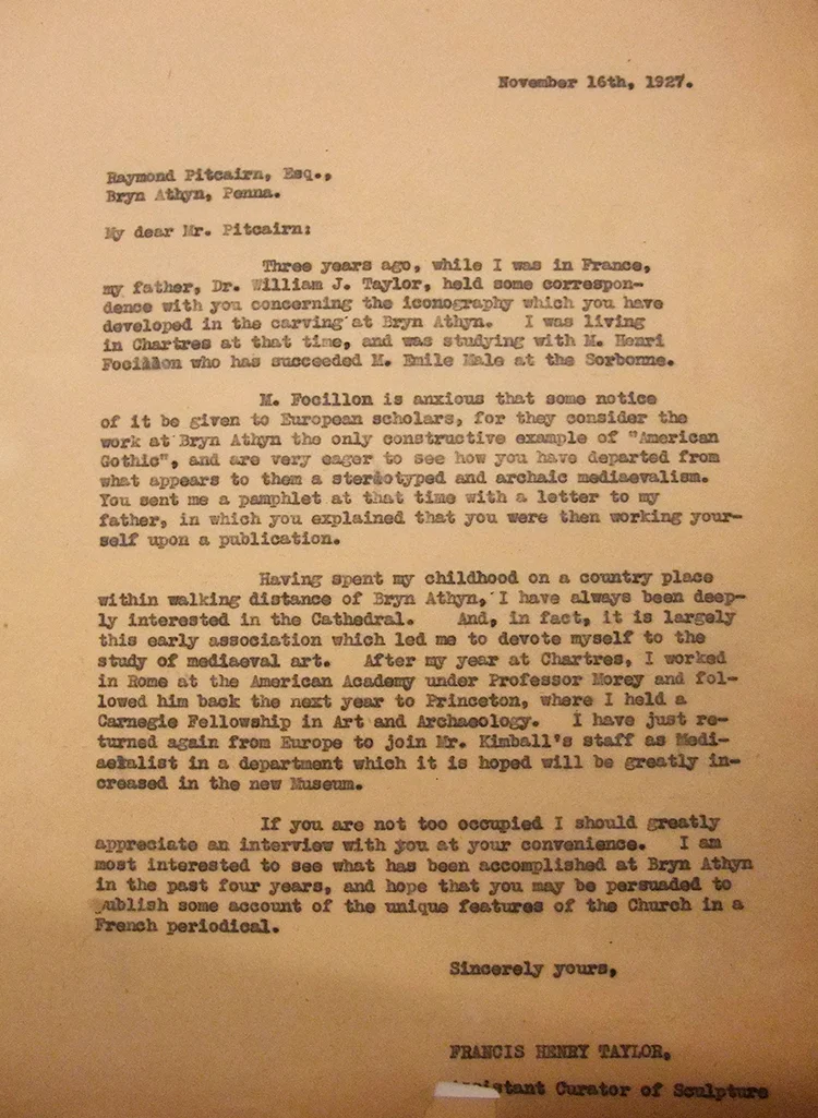 Figure 8: Letter from Francis Henry Taylor to Raymond Pitcairn, November 1927.