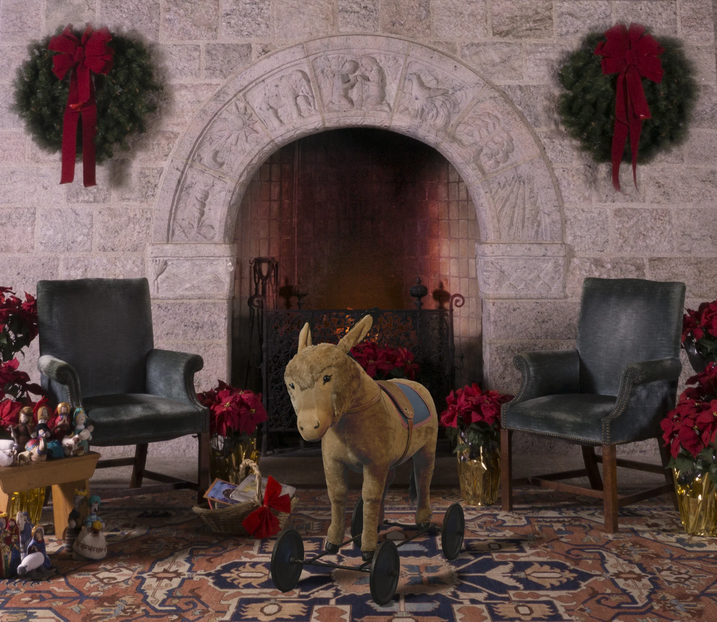When Glencairn was a home, large ride-on toy animals, made by the famous Steiff toy company, were parked beneath the Christmas tree for the enjoyment of the Pitcairn family and visitors. The original, recently restored ride-on donkey, is included in our “Christmas in the Castle” tour for the first time this year.