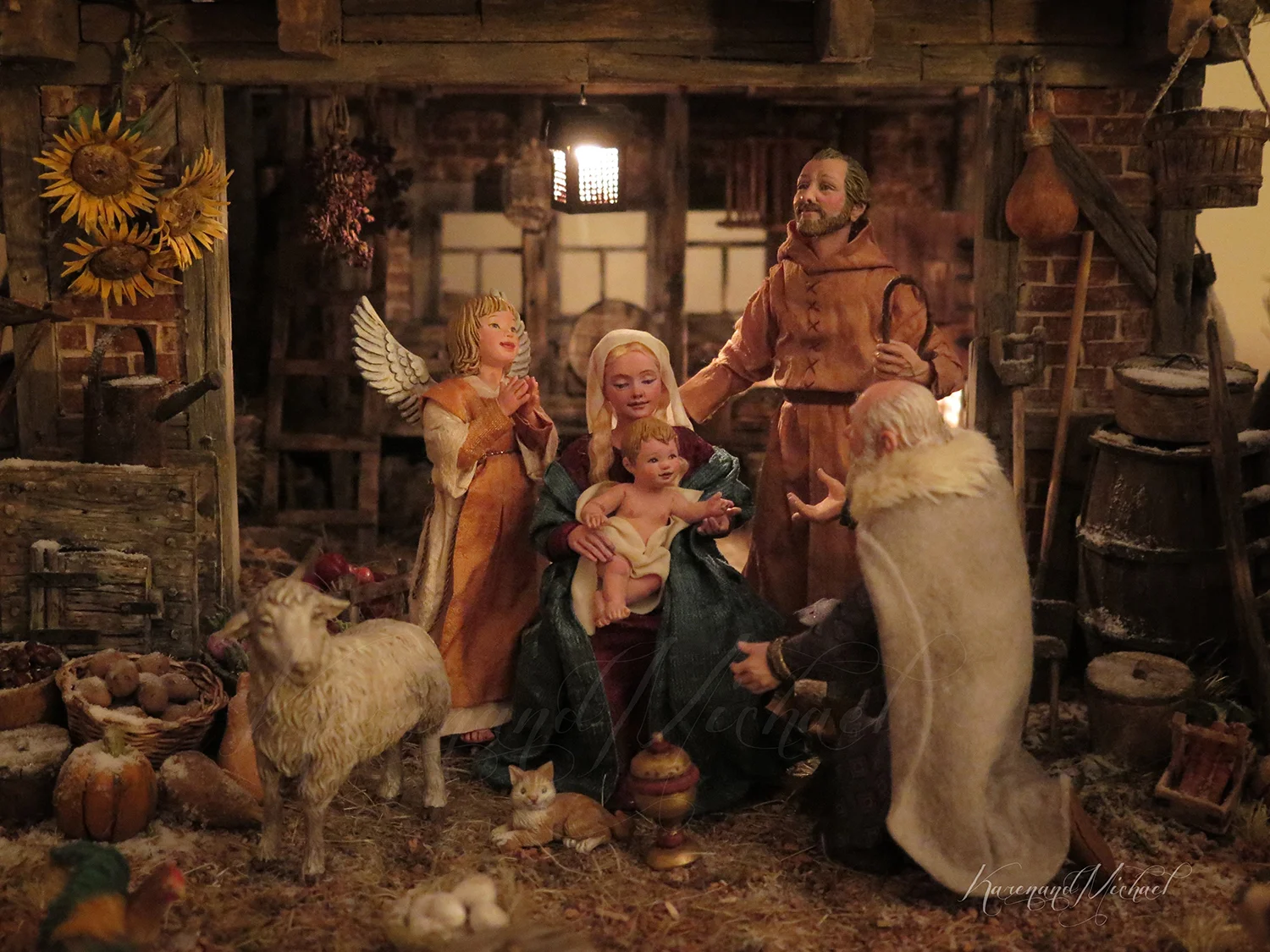 Karen Loccisano and R. Michael Palan, a husband-and-wife team of professional artists from Bridgewater, New Jersey, have been crafting this three-dimensional Flemish Nativity scene together since 2014. Their work has been influenced by several Dutch and Flemish Renaissance painters. The Nativity of Jesus Christ is depicted as taking place in a snowy, 16th-century Flemish village. Karen and Michael have included an angel with Down syndrome in this Nativity, standing near the Holy Family. Photo by R. Michael Palan.
