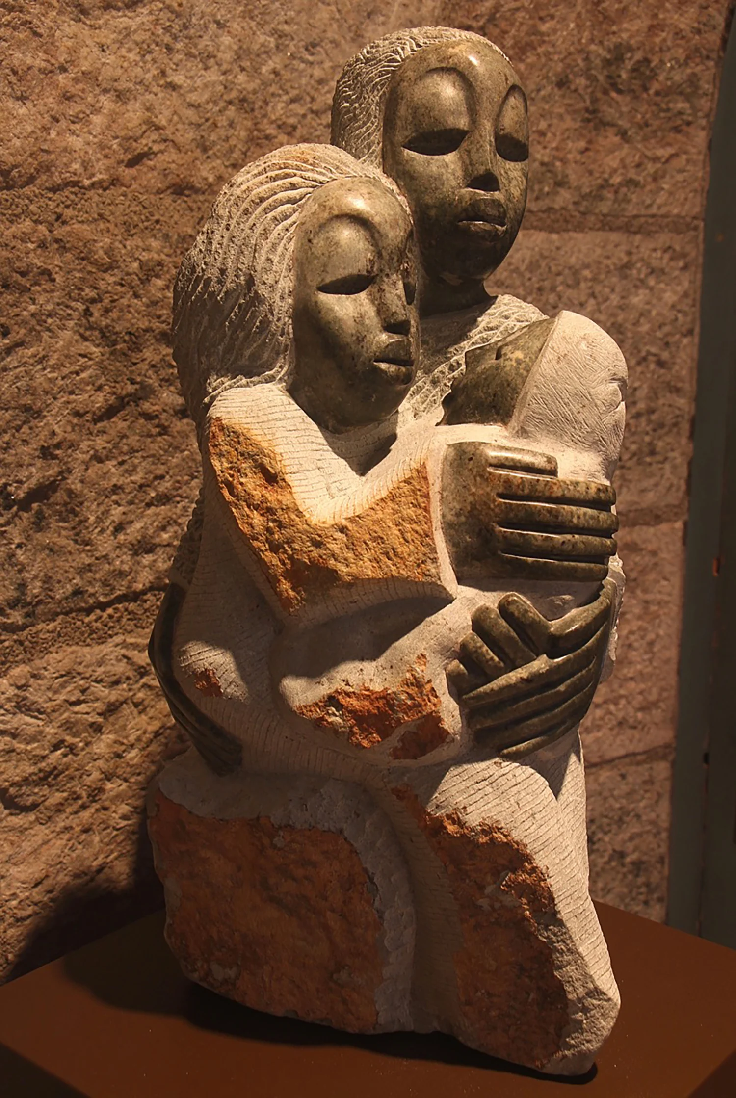 Figure 5: This representation of the Holy Family was carved by Vernon Nyagweta, a sculptor from Zimbabwe. The stone is a form of serpentine called “springstone.” The outer layer is a rich reddish brown, while the interior is a deep greenish color. The faces and hands are waxed and polished, giving the piece a tri-color effect. On loan from the Knights of Columbus Museum, New Haven, Connecticut.