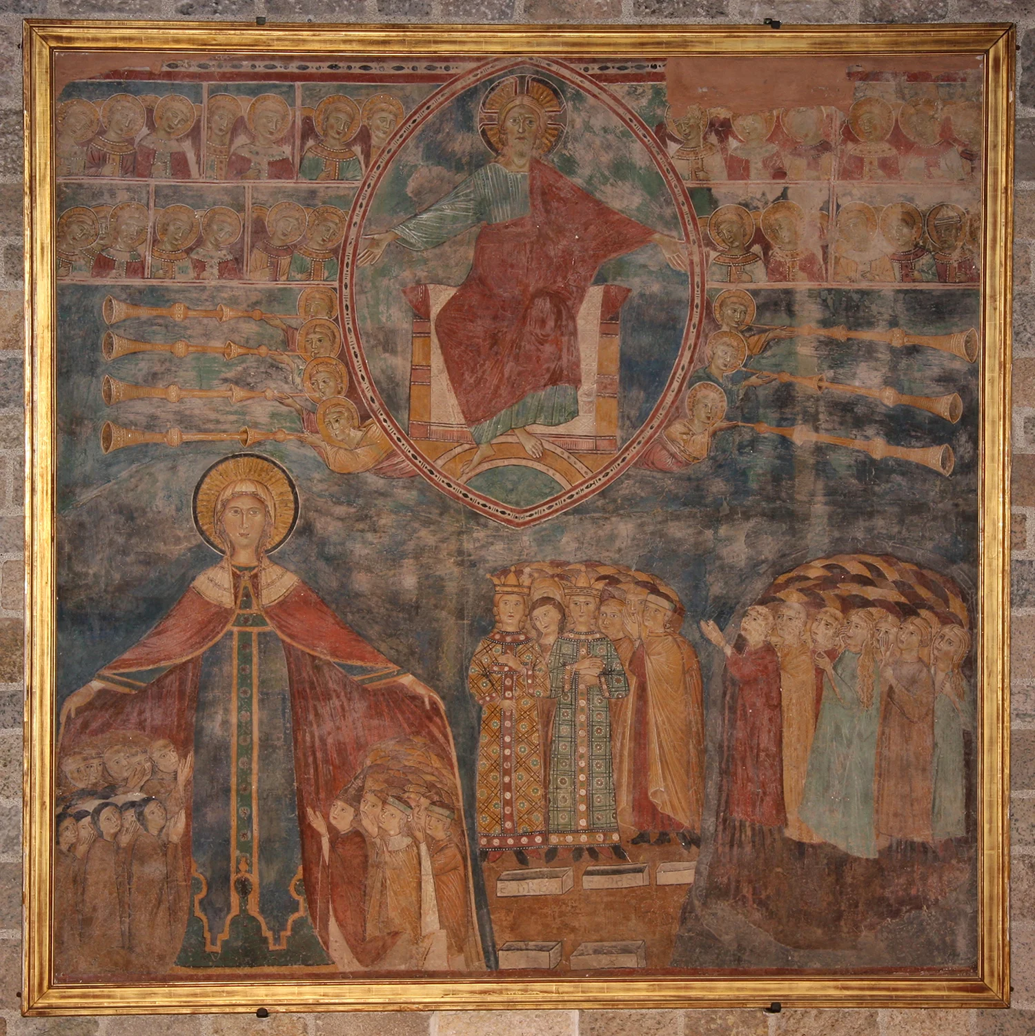 Figure 5: This fresco from a late thirteenth-century convent in Spoleto, Italy, features Christ in Majesty surrounded by archangels, elders, and trumpeting angels. Living and resurrected humans await judgment below. On exhibit in the Great Hall of Glencairn Museum (08.FS.06).