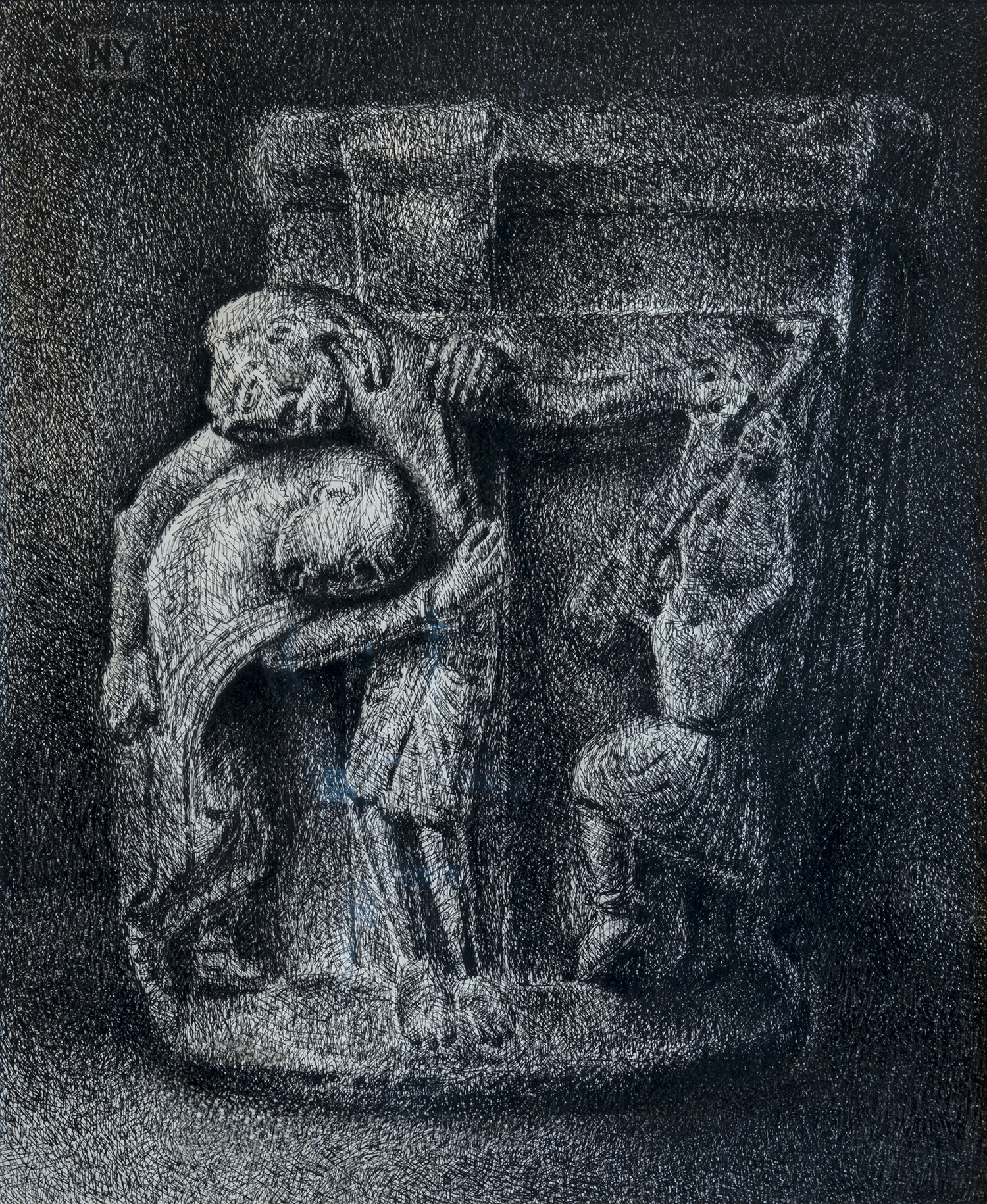 Figure 9: Descent from the Cross . John 19:38-42 . Pen and ink, 1977. Collection of Glencairn Museum, donated by Vera P. Glenn. Based on 12th c. (?) limestone capital from Spain in the collection of Glencairn Museum. See Figure 8.
