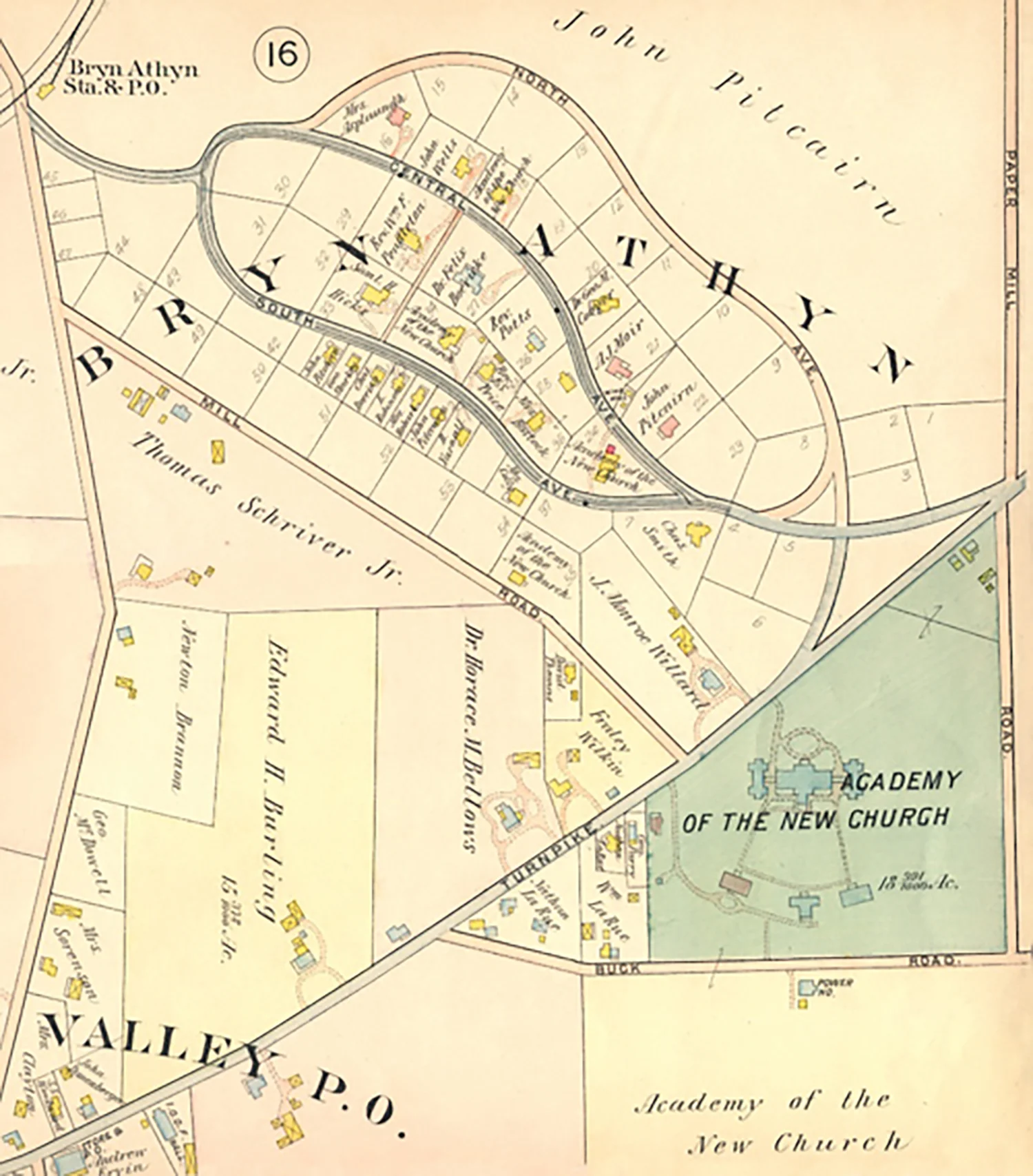 Figure 3: Detail of a portion of Bryn Athyn from Atlas of the Properties on the Reading Railway Embracing Cheltenham, Abington, Springfield and Parts of Moreland and Whitemarsh Townships. Plan of the Huntingdon Valley Moreland Township . Author: A. H. Mueller (1909). Plate 17 includes the residential "Loop" and the Academy of the New Church properties.