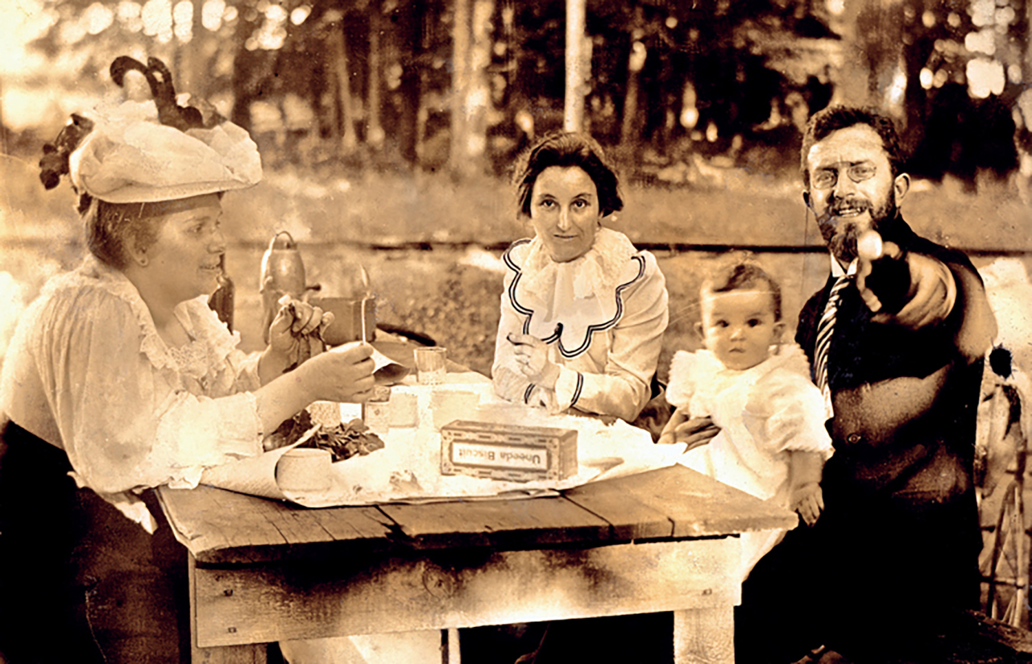 Figure 4: This photograph, taken in 1899, shows residents from the newly formed New Church community in Huntingdon Valley picnicking in Alnwick Grove park (Camille and Marie Vinet, their son Pierre, and Lulu Xandry Odhner). Photo: Academy of the New Church Archives.