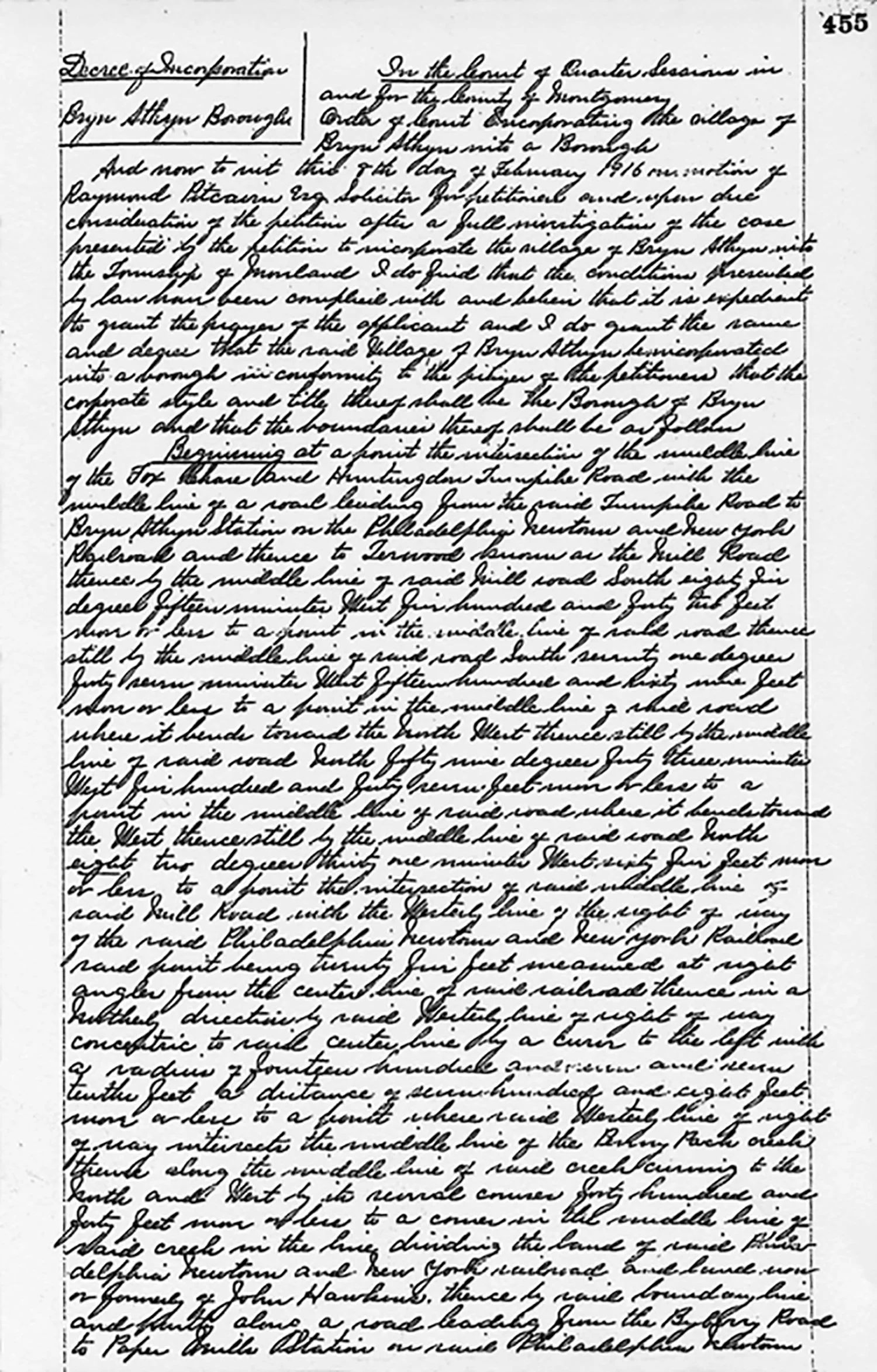 Figure 11: The Decree of Incorporation, written by Judge Aaron S. Swartz, was granted on February 8, 1916. Image courtesy of the Montgomery County Archives, Montgomery County, PA.