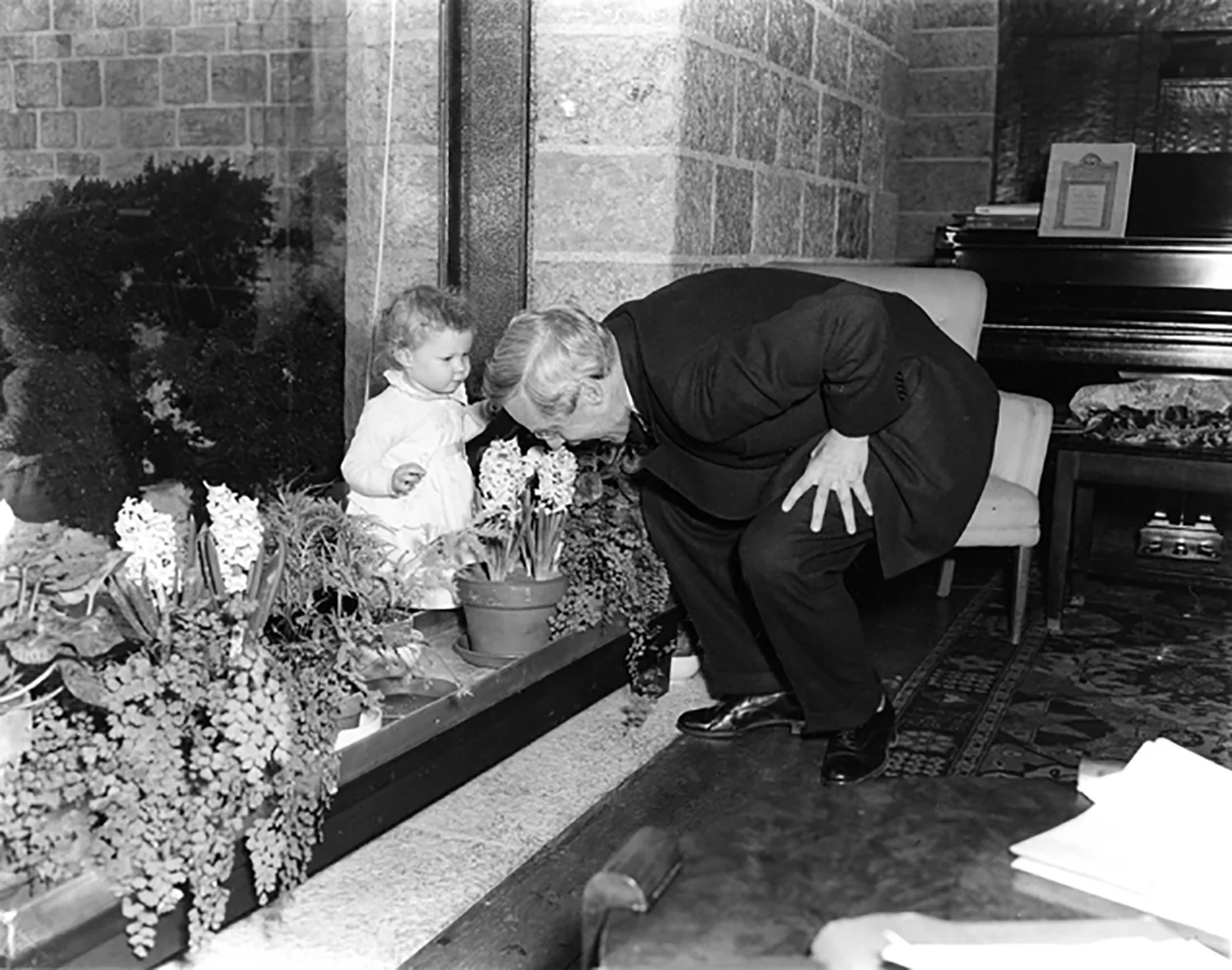 Figure 1: Raymond Pitcairn smells a hyacinth, while one of his granddaughters looks on, circa early 1960s.
