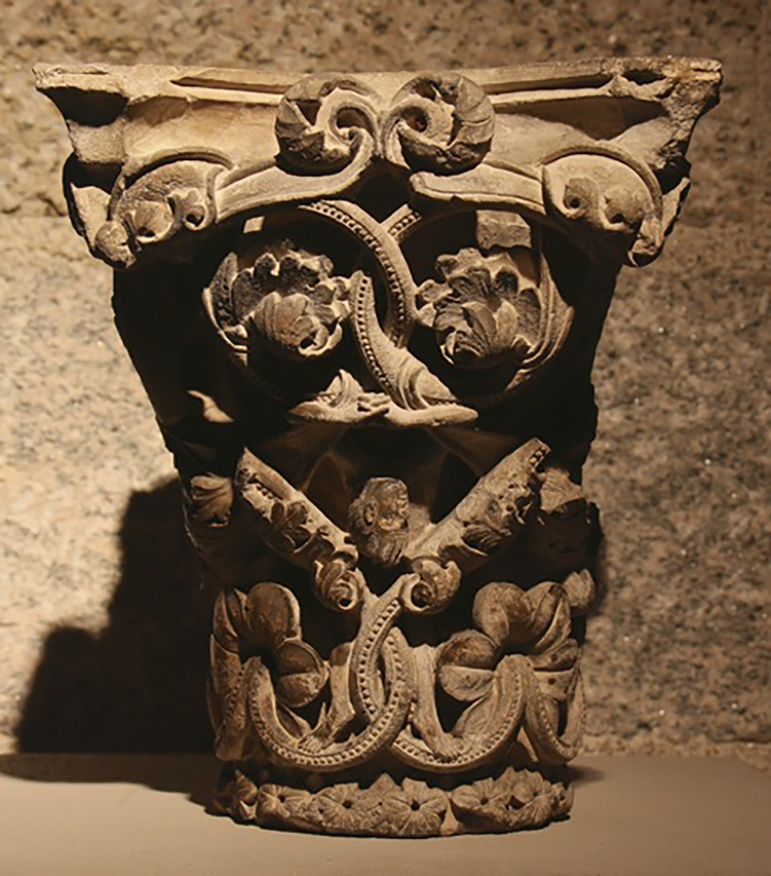 Figure 10: Glencairn’s capital depicts a wide variety of figures, plant forms and ribbon patterns orchestrated in playful compositions.