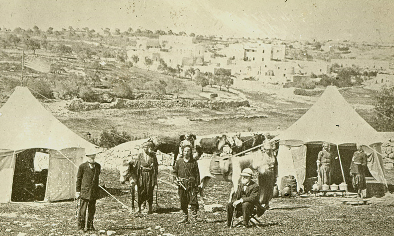 Camping in Jerusalem: April 20, 1878. Pitcairn (left) and Benade (sitting, right) near the Jaffa Gate in Jerusalem. Photograph courtesy of the Academy of the New Church Archives, Swedenborg Library, Bryn Athyn.