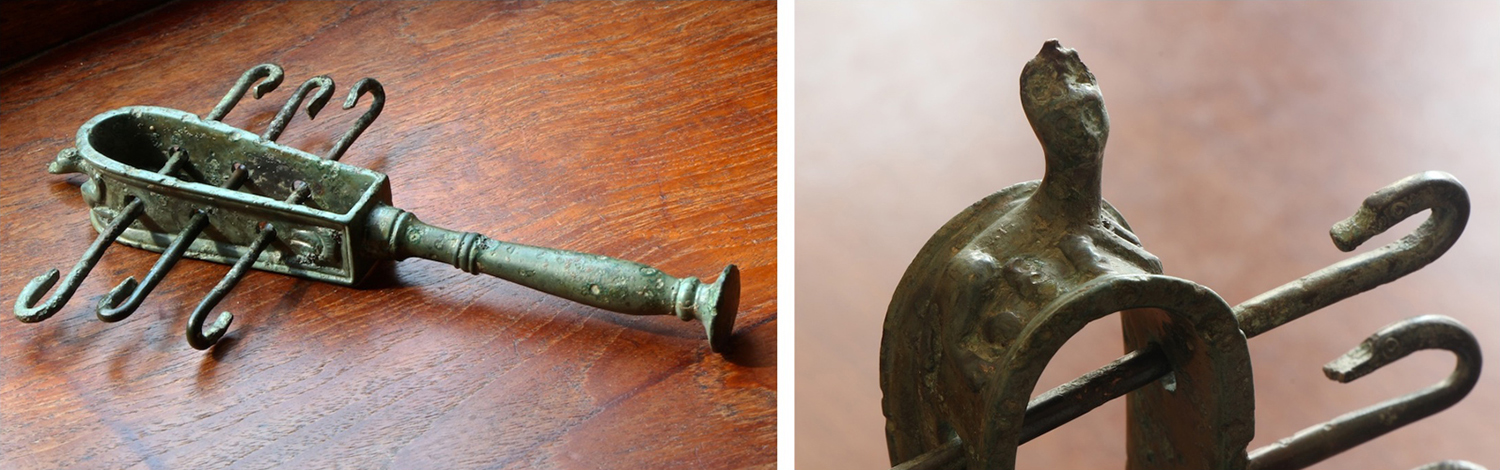 Figure 11: A bronze sistrum, Late Period (664-332 BCE). A detail (right) from the top of the sistrum depicting a mother cat and her kittens. Glencairn Museum E1269.