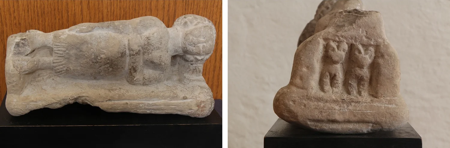 Figure 12: A limestone statuette of a woman on a bed with cat iconography on the footboard, New Kingdom–Late Period (1539-332 BCE). Glencairn Museum E1219.