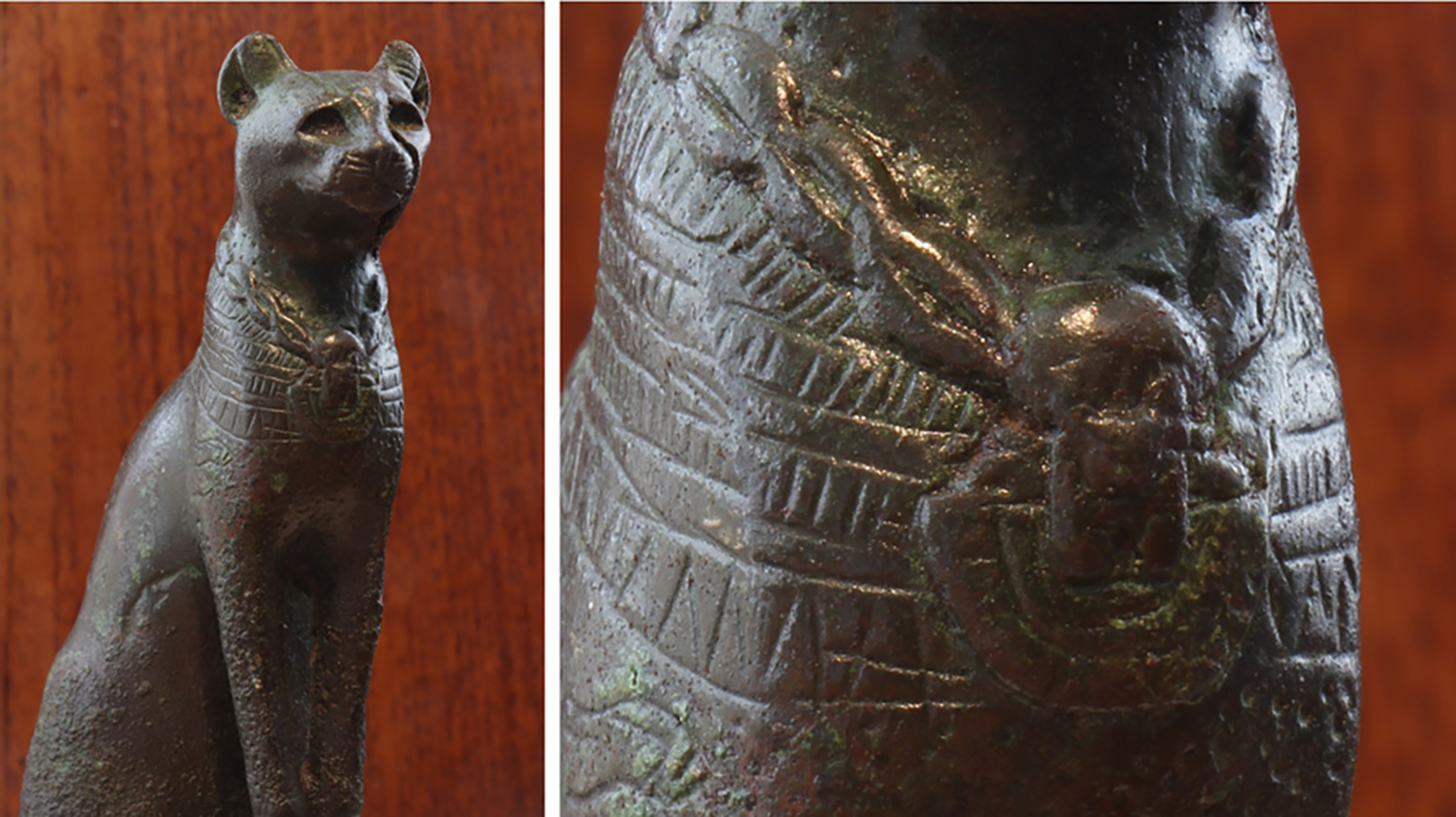 Figure 16: Seated bronze cat votive, Late Period (664-332 BCE). Detail of the aegis pectoral on the chest of the cat (right). Glencairn Museum E60.