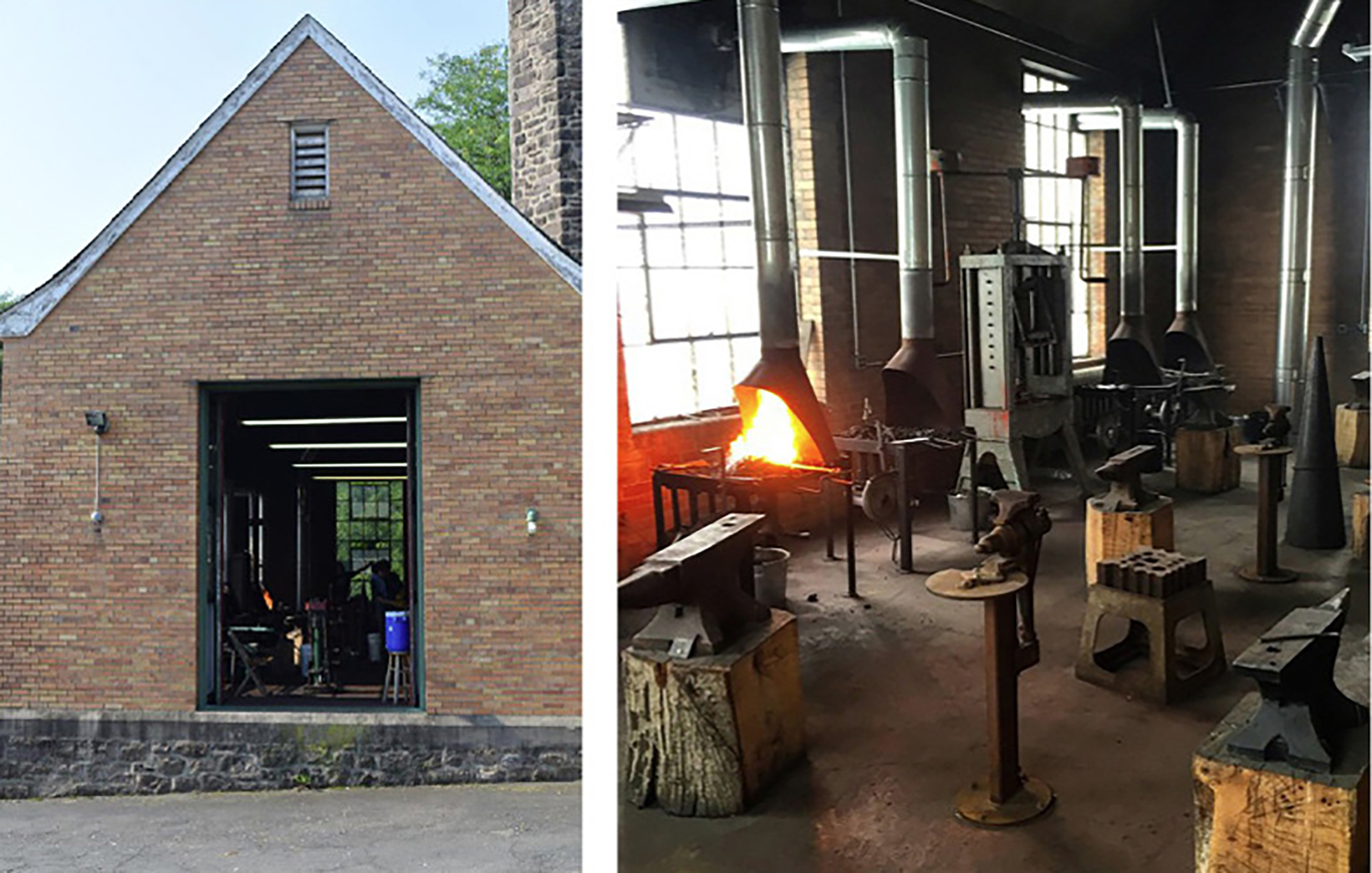 Figure 1: Outside and inside views of the Bryn Athyn College metalwork studio. The studio is located in a building that once served as a heating plant for Cairnwood Estate and Glencairn. Photographs by Warren Holzman.