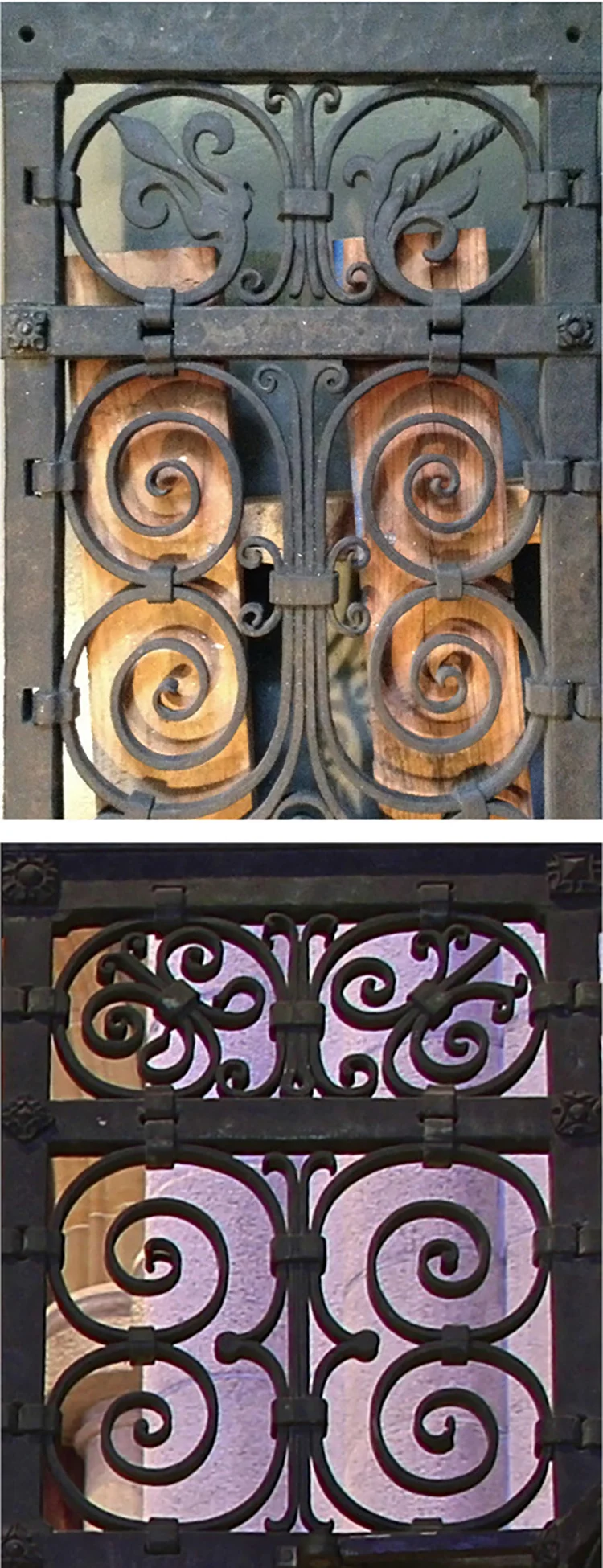Figure 16: The top photograph shows a portion of the steel model of Bryn Athyn Cathedral’s chapel grill, now in the collection of Glencairn Museum. Below is a similar section of the completed grill in Monel. Compare the top registers to see how the different qualities of the two metals cause the general design concepts to be rendered.