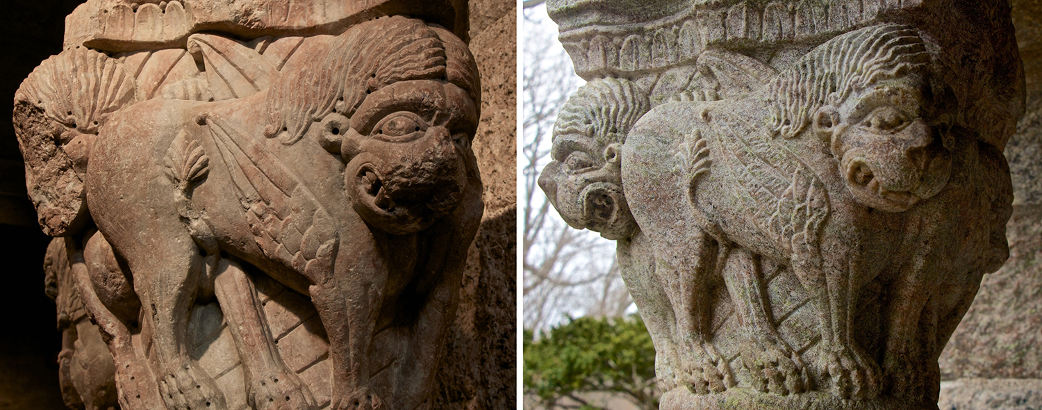 Figure 5: On the left is a capital from the 12th-century Benedictine monastery of Saint-Michel-de-Cuxa in France, now on exhibit in the Medieval Gallery at Glencairn Museum (09.SP.168). This capital served as the model for a capital in Glencairn's porte-cochère (right), carved in Bryn Athyn in the 1930s.