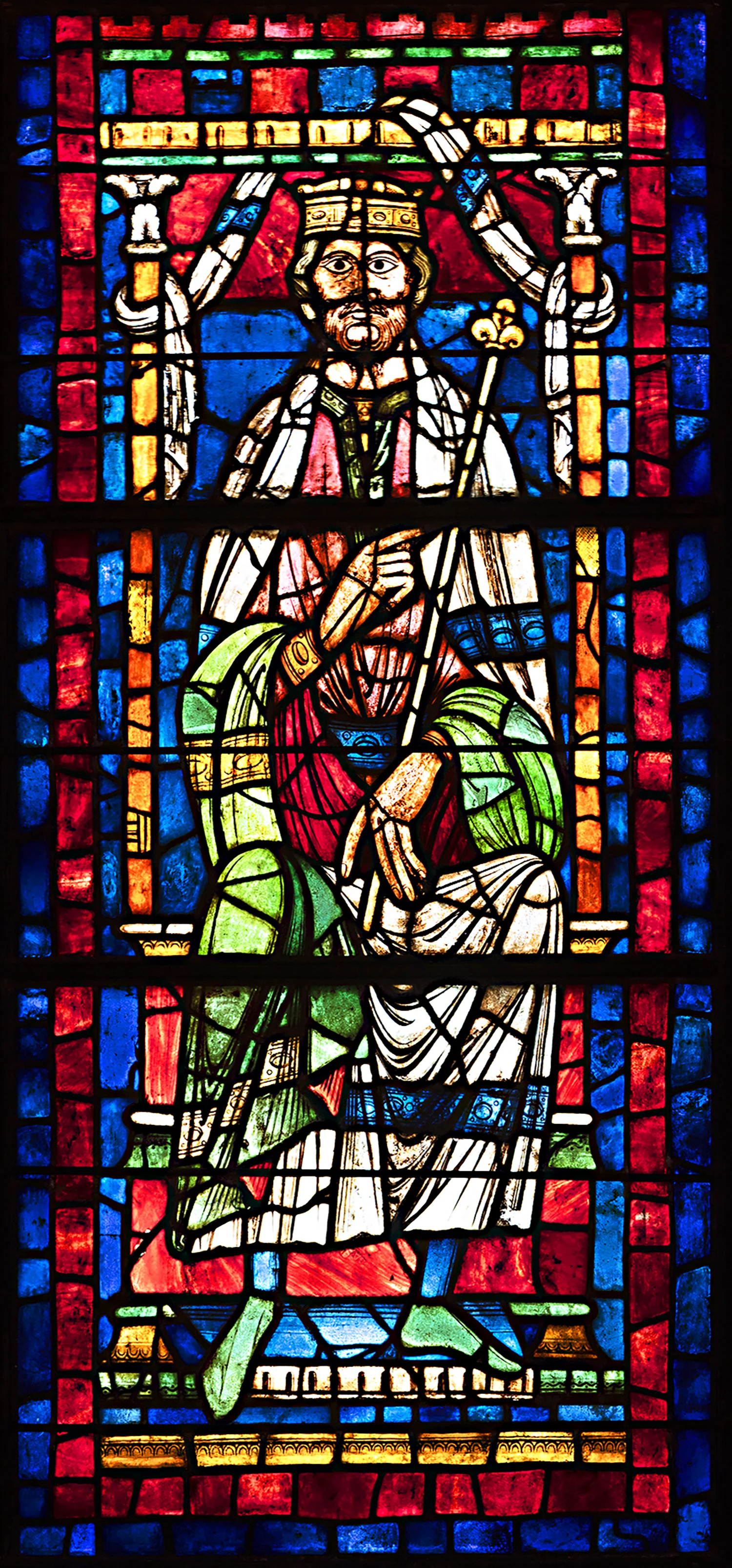 Figure 1: Seated King, stained-glass panel from the Church of Saint-Yved, Braine, France, c. 1190-1200 (03.SG.234).