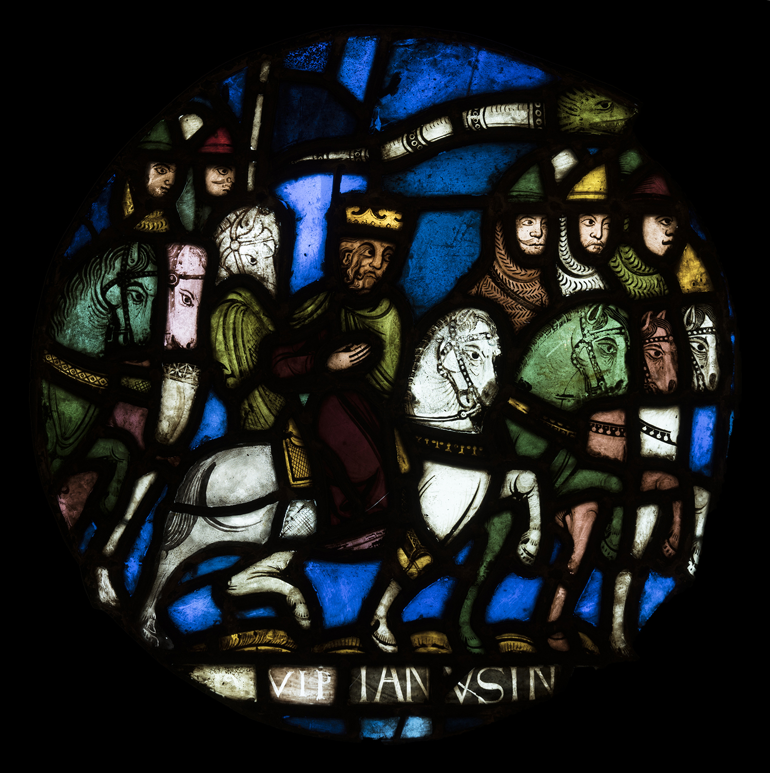Figure 11: Charlemagne (?) Leads Soldiers in the Holy Land, stained-glass panel from the Royal Abbey Church of Saint-Denis, outside Paris, France, c. 1150 (03.SG.156).