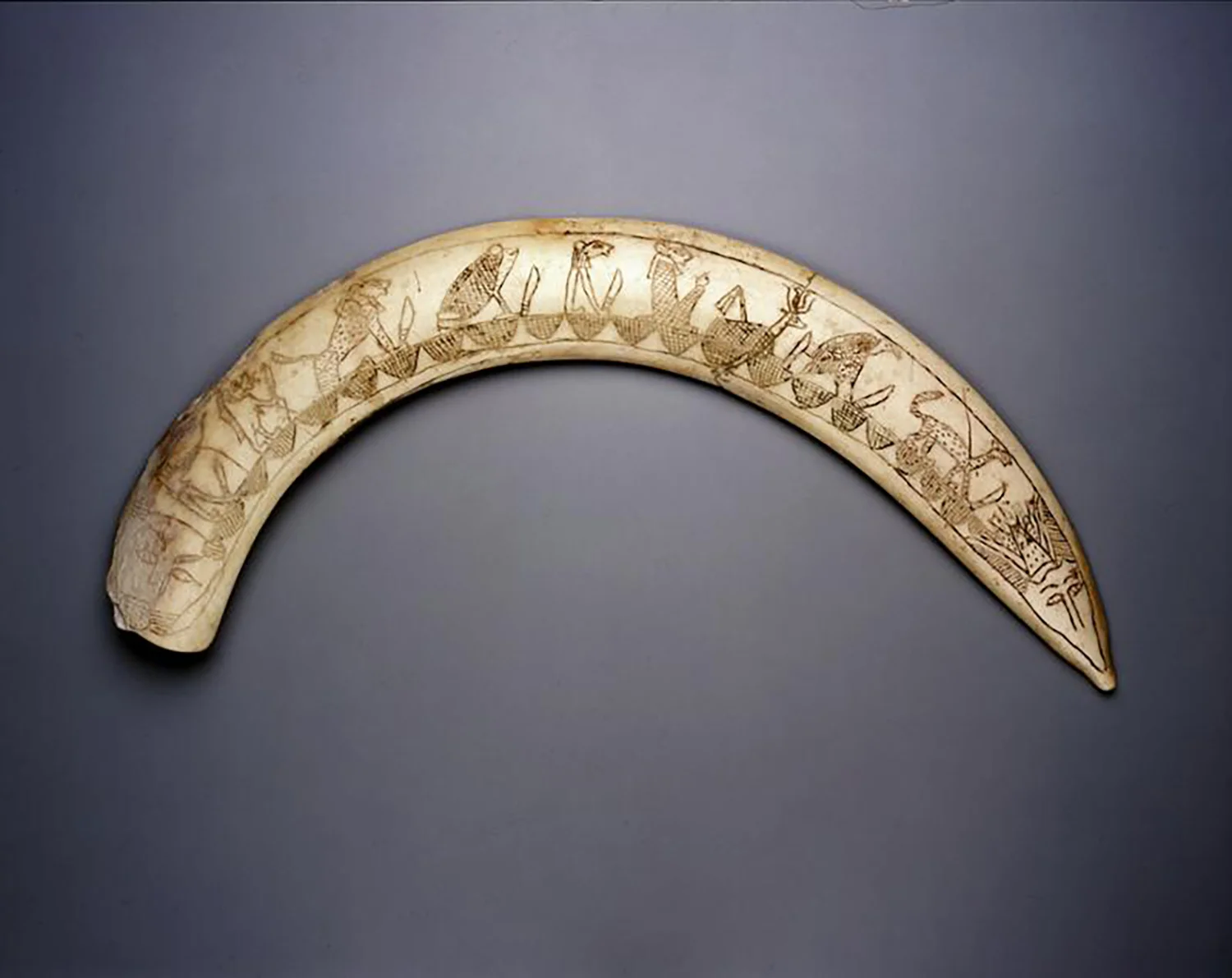 Figure 15: Magical wand made of hippopatamus ivory inscribed with apotropaic figures. A standing hippo goddess, possibly Taweret, is on the left. Twelfth Dynasty (1938-1759 BCE). University of Pennsylvania Museum E2914.