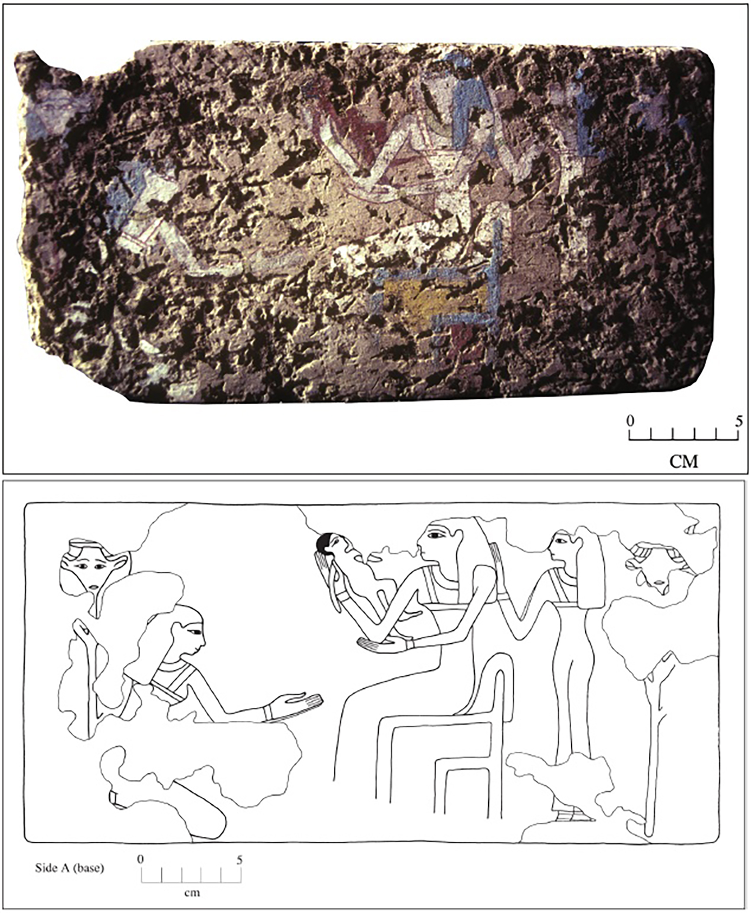 Figure 17: Reconstruction painting of the scene of the mother and newborn baby on the bottom of the brick. Female attendants who likely respresent goddesses flank the seated mother. Hathor-headed staffs frame the scene.