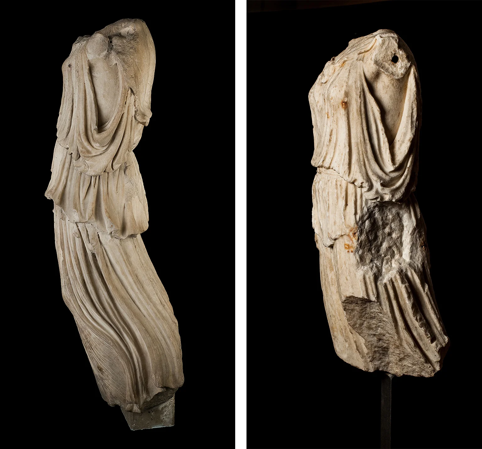 Figure 4a (left) and 4b (right): Left profile views of the Glencairn Minerva Victoria (left) and the Sorgente Athena Nike (right).